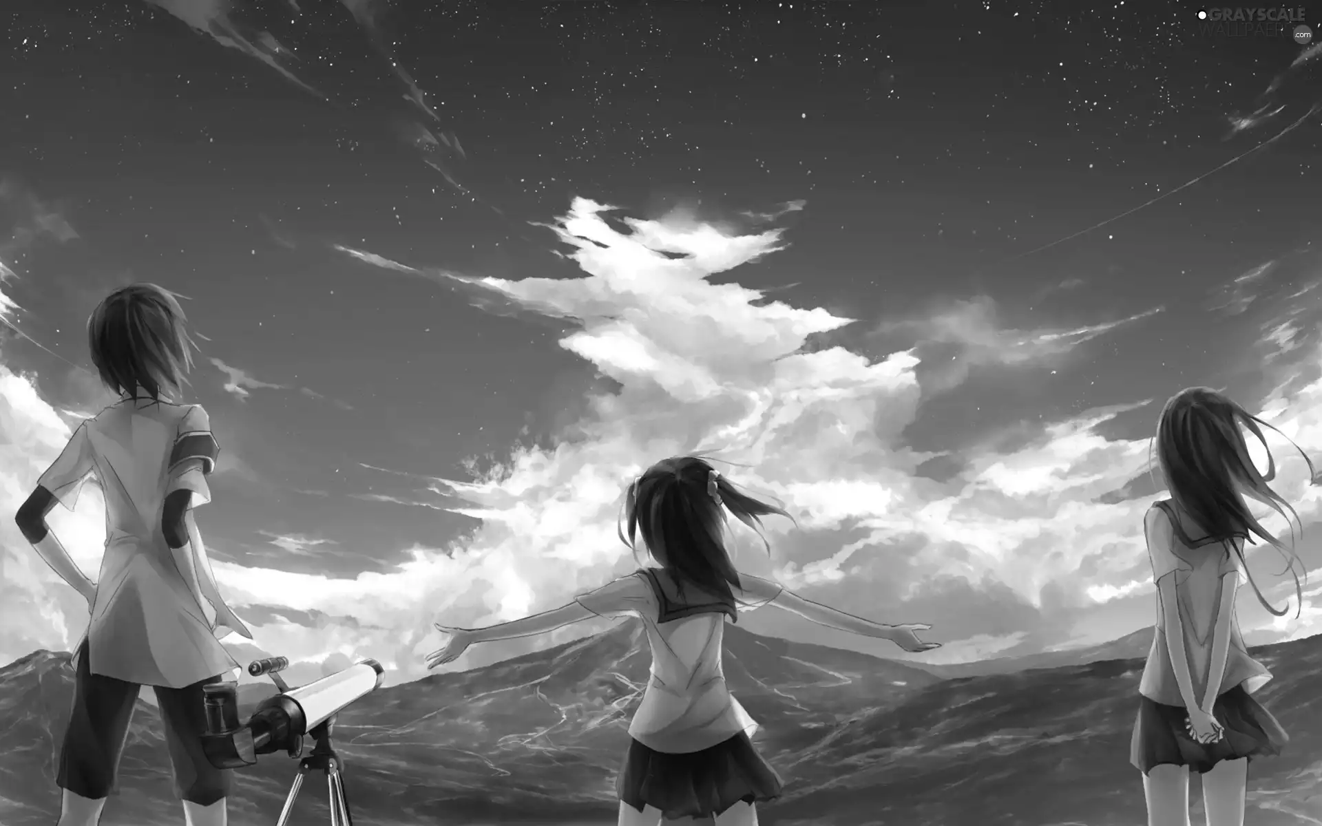 star, clouds, Telescope, The Hills, girls