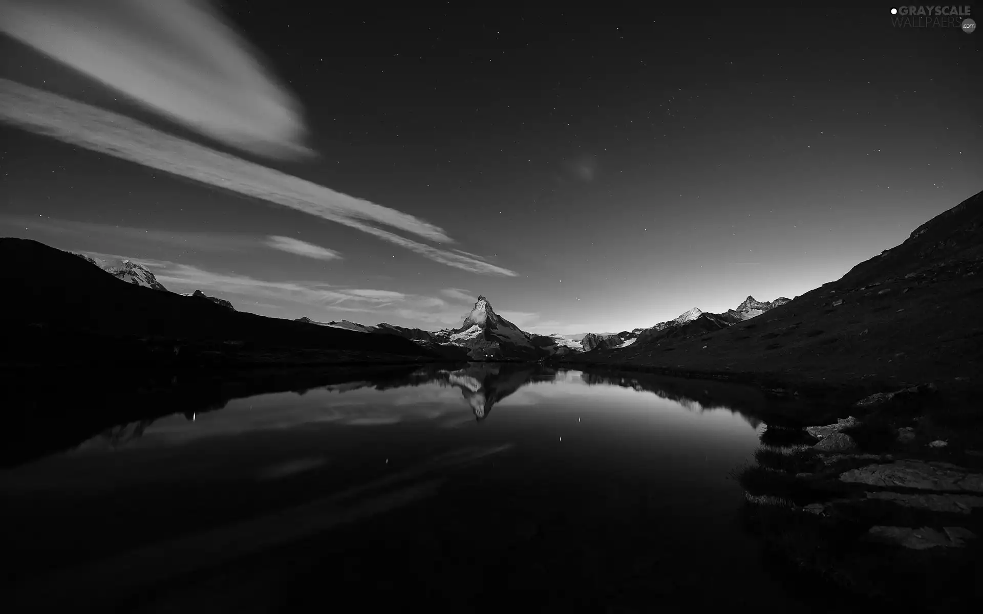 star, Mountains, lake