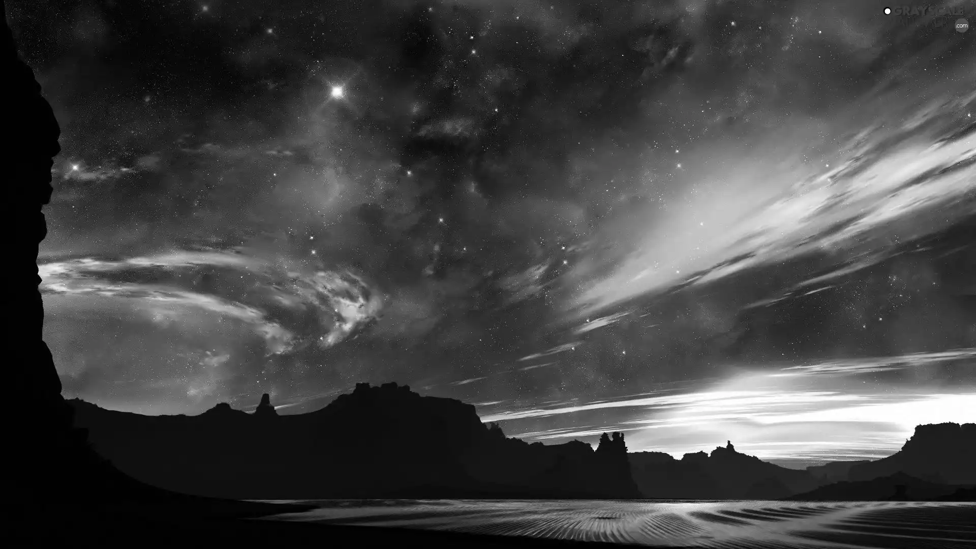 star, Mountains, clouds, twilight, Sky