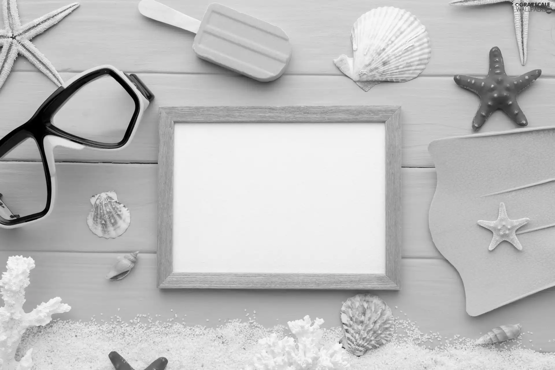 starfish, Shells, Fins, Glasses, Corals, composition, Icecream, Sand, frame
