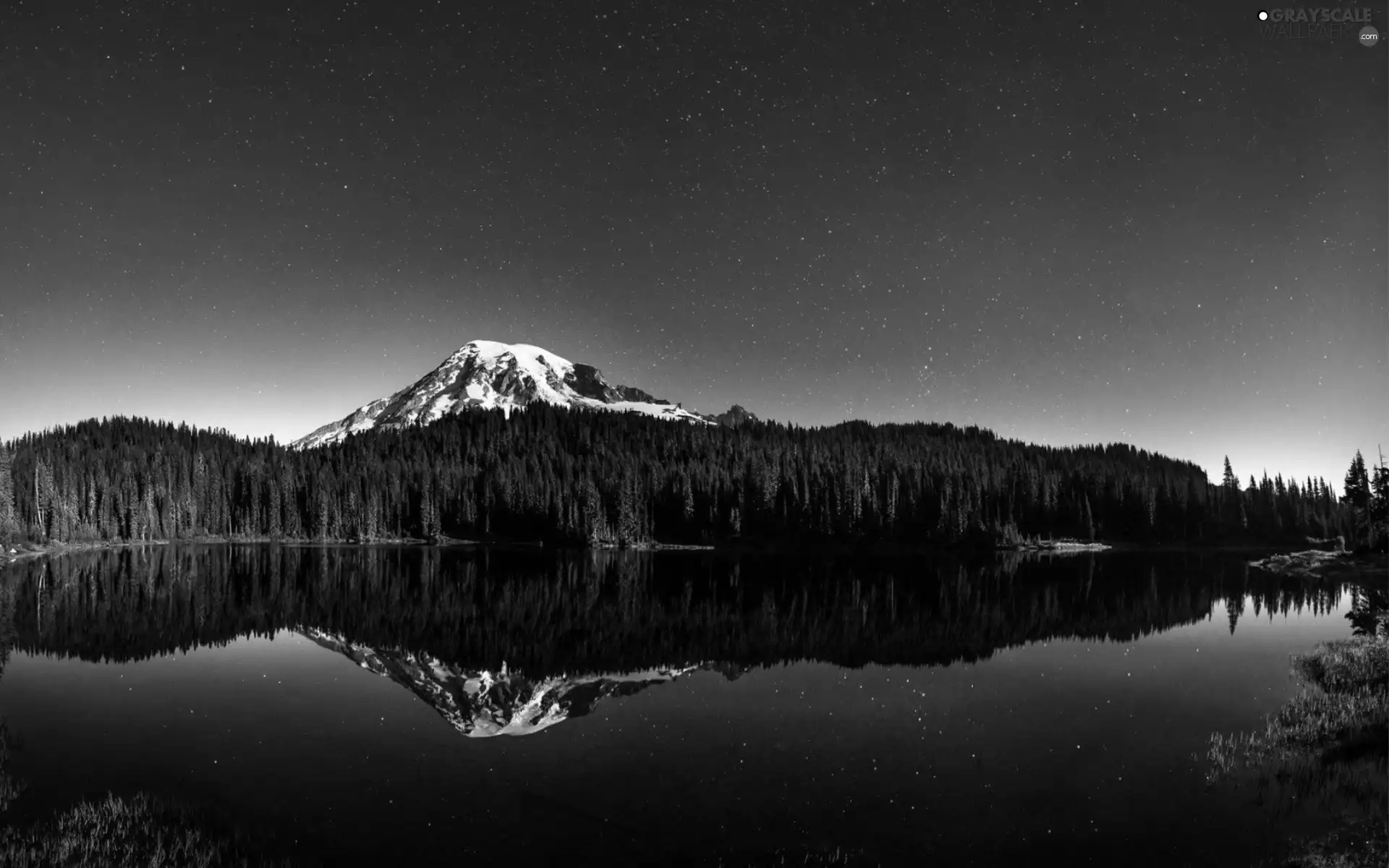 Starry, reflection, woods, lake, Mountains