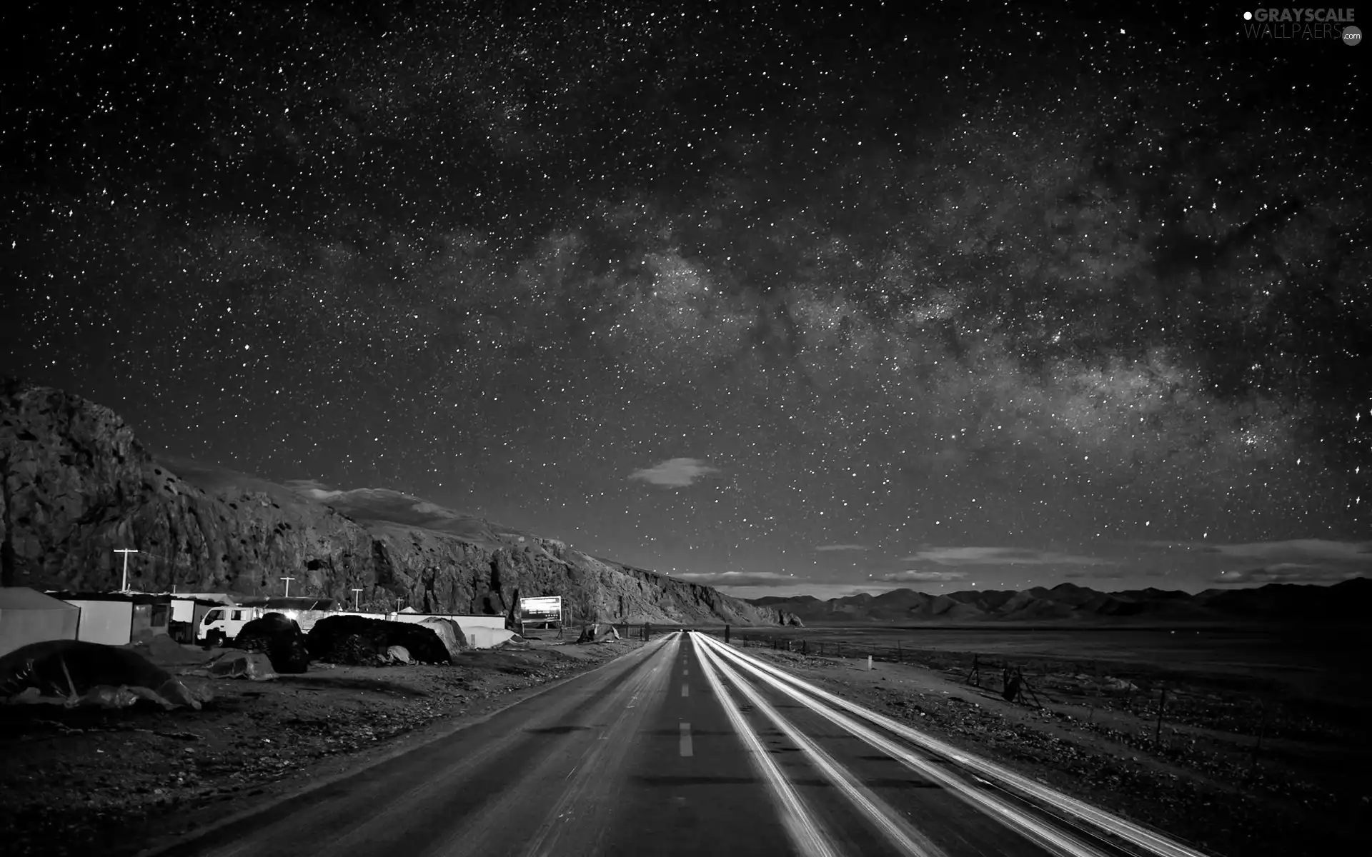 starry, Sky, Desert, Mountains, Way