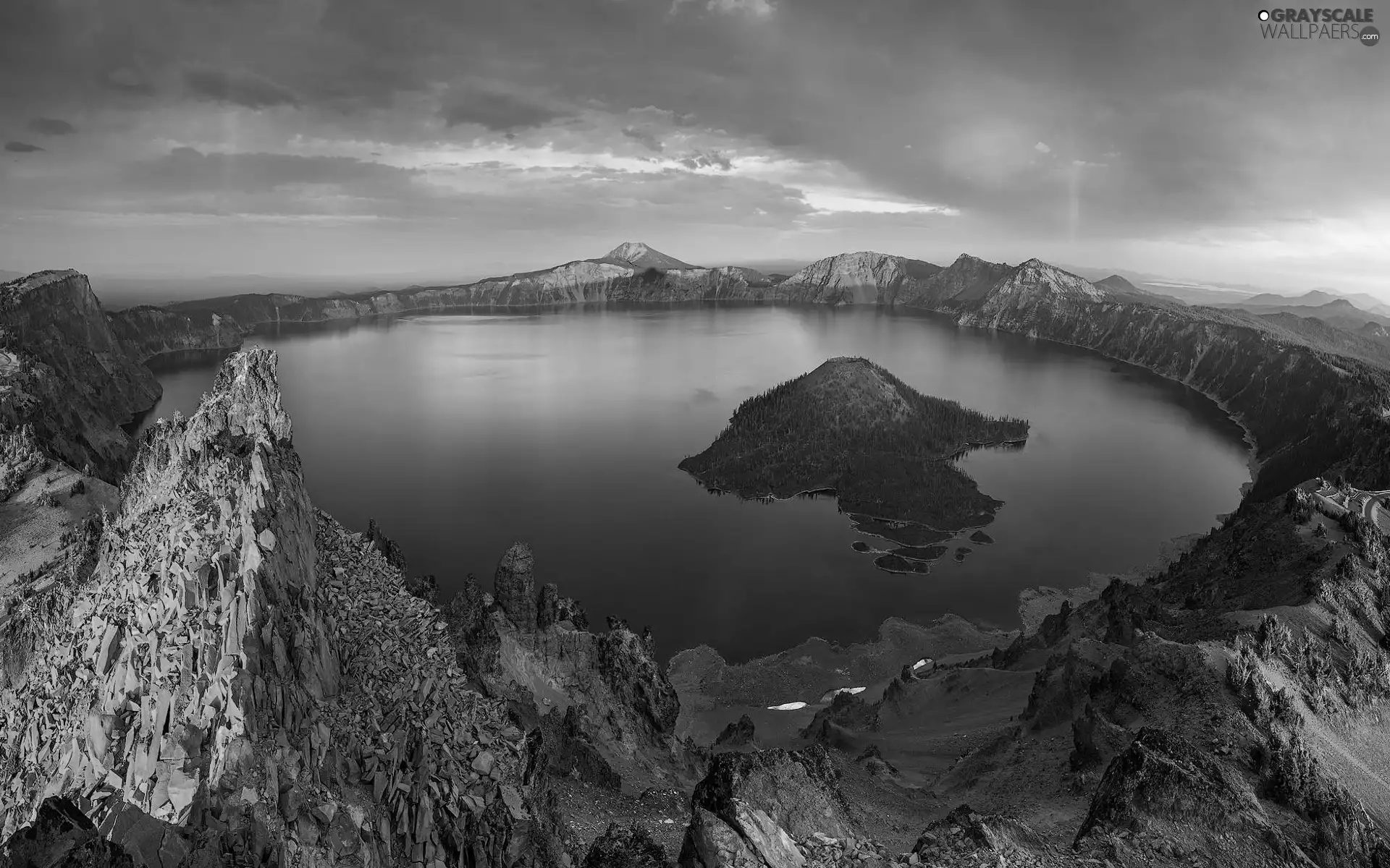 Island of Wizard, Mountains, State of Oregon, Crater Lake, Crater Lake National Park, clouds, The United States