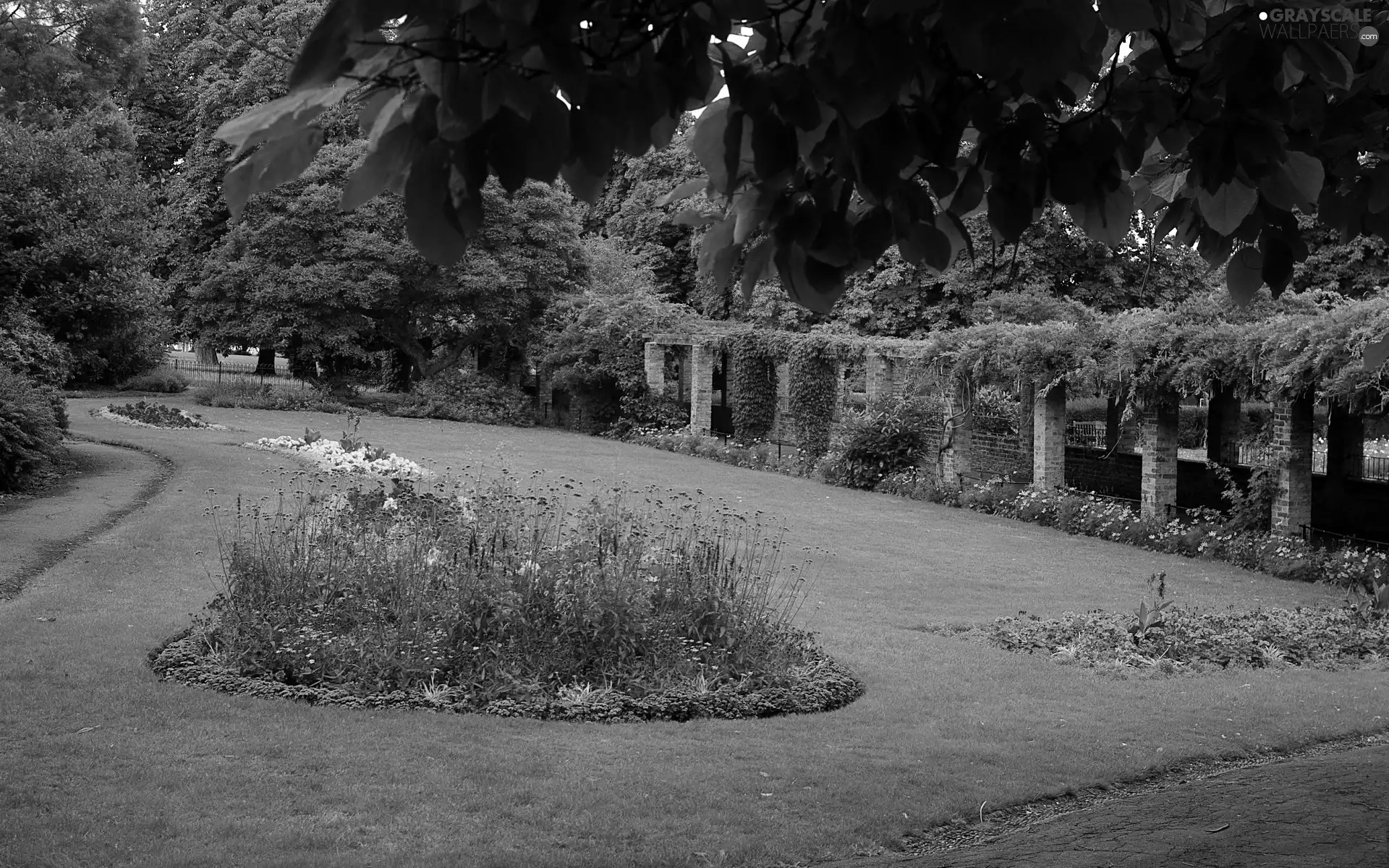 stone, Buldings, lane, Flower-beds, Park