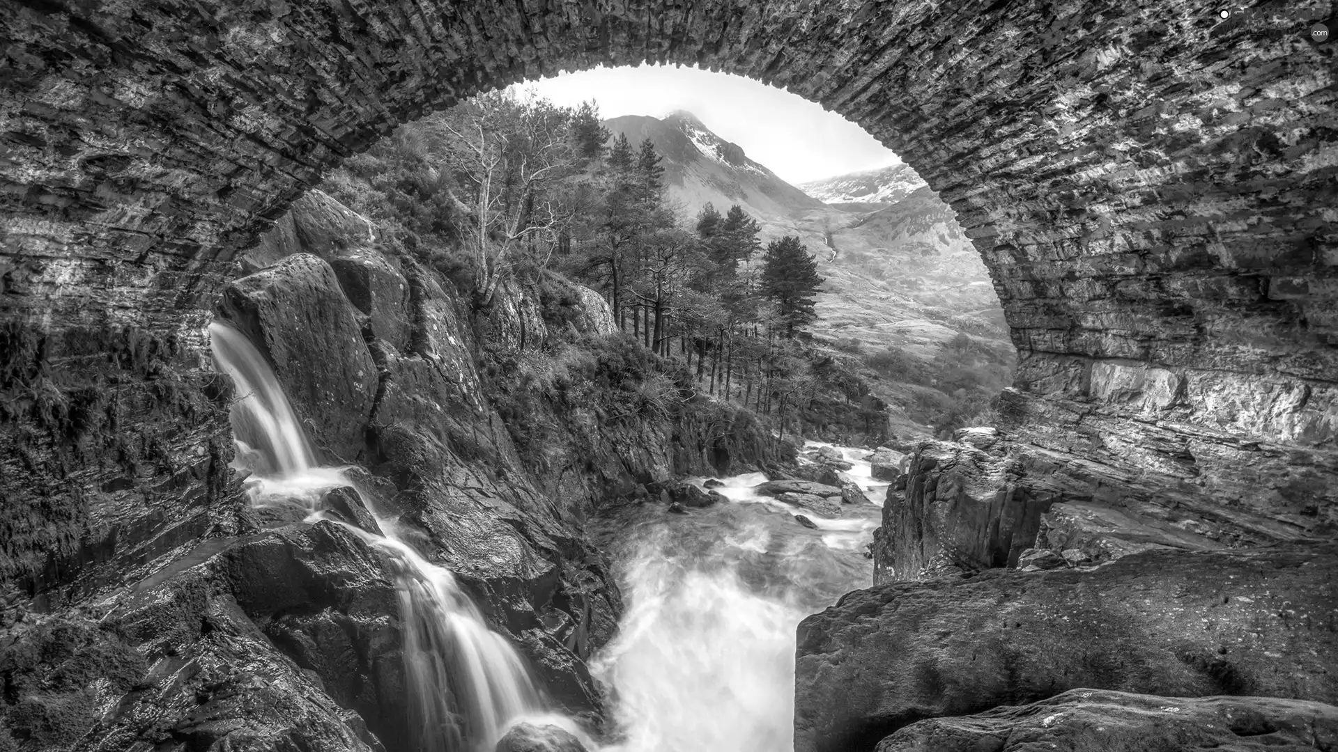 Stone Bridge, River, viewes, Mountains, trees, rocks