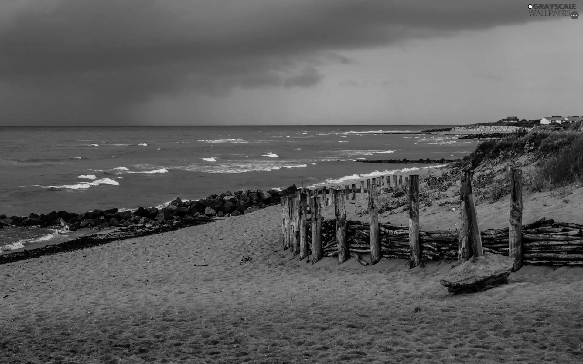 Stones, buildings, sea, Waves, Beaches