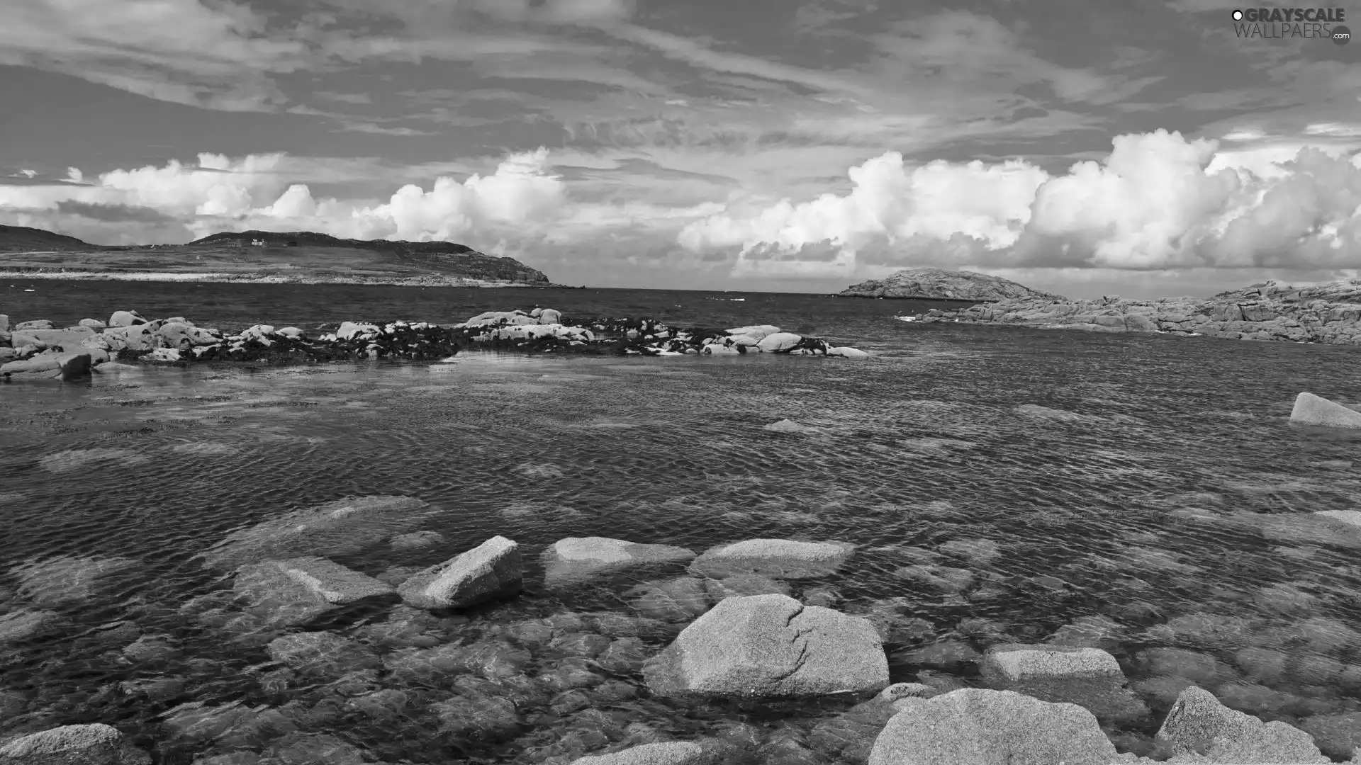 Stones, clouds, Island, Mountains, Coast
