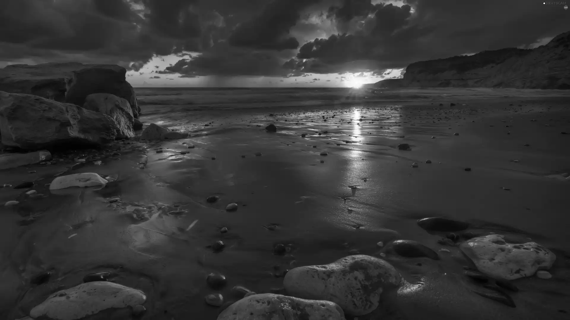 west, sea, Stones, clouds, sun, Beaches