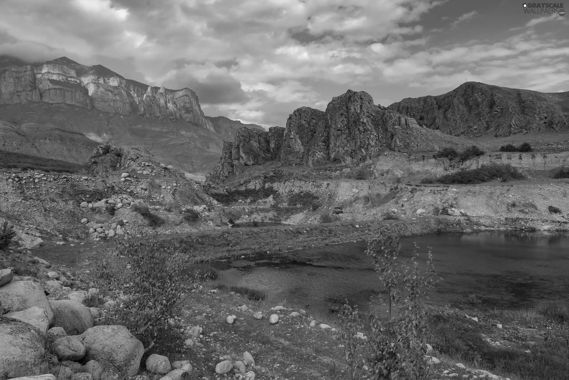 grass, trees, clouds, viewes, rocks, lake, Mountains, Stones