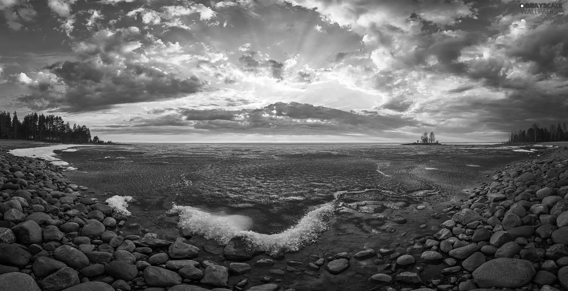Stones, trees, Great Sunsets, viewes, clouds, coast, sea, Sky
