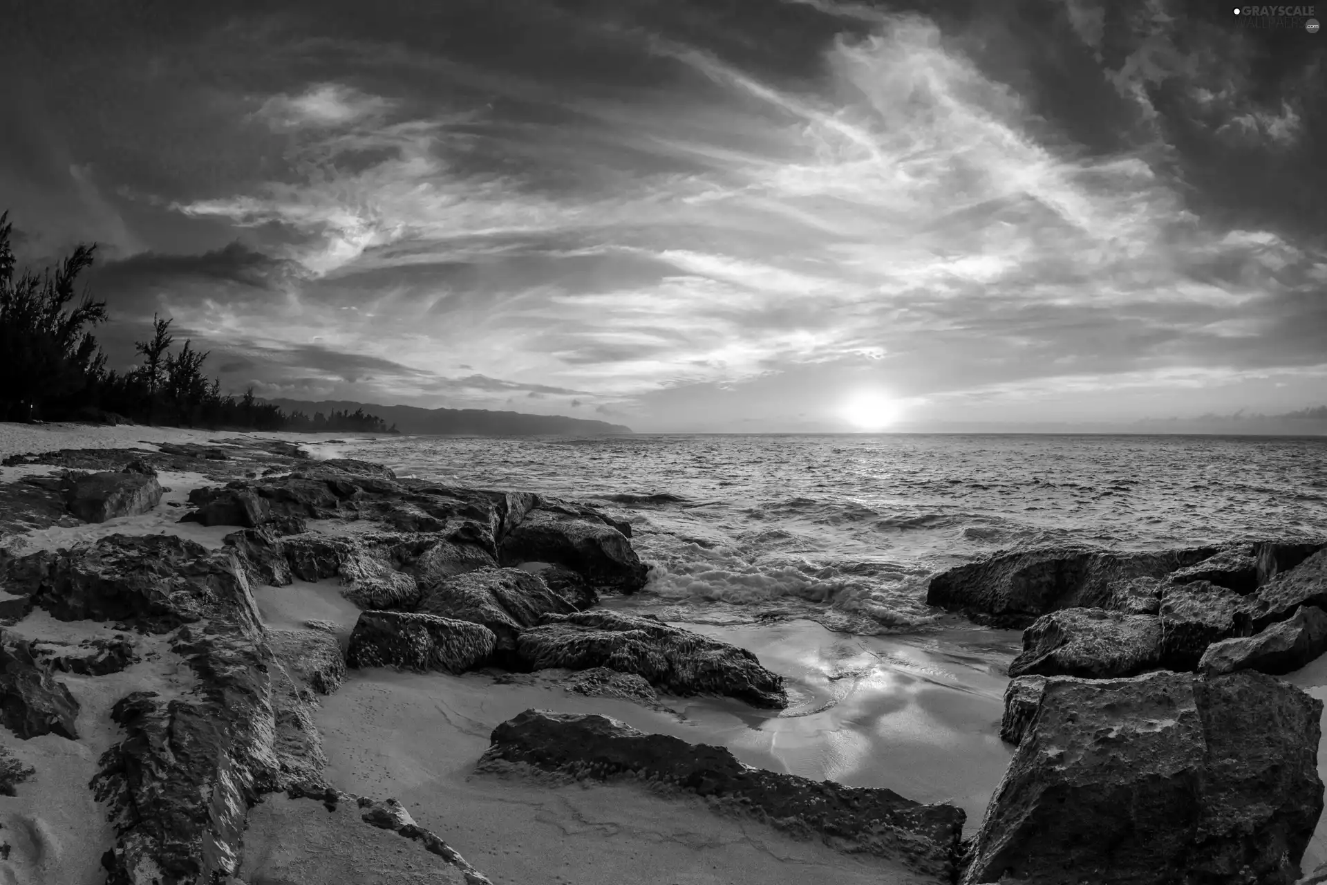 Stones, Coast, Sunrise, Sky, sea