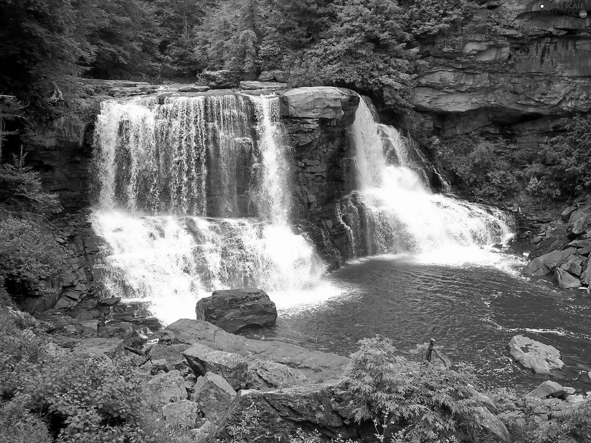 Stones, waterfall, forest