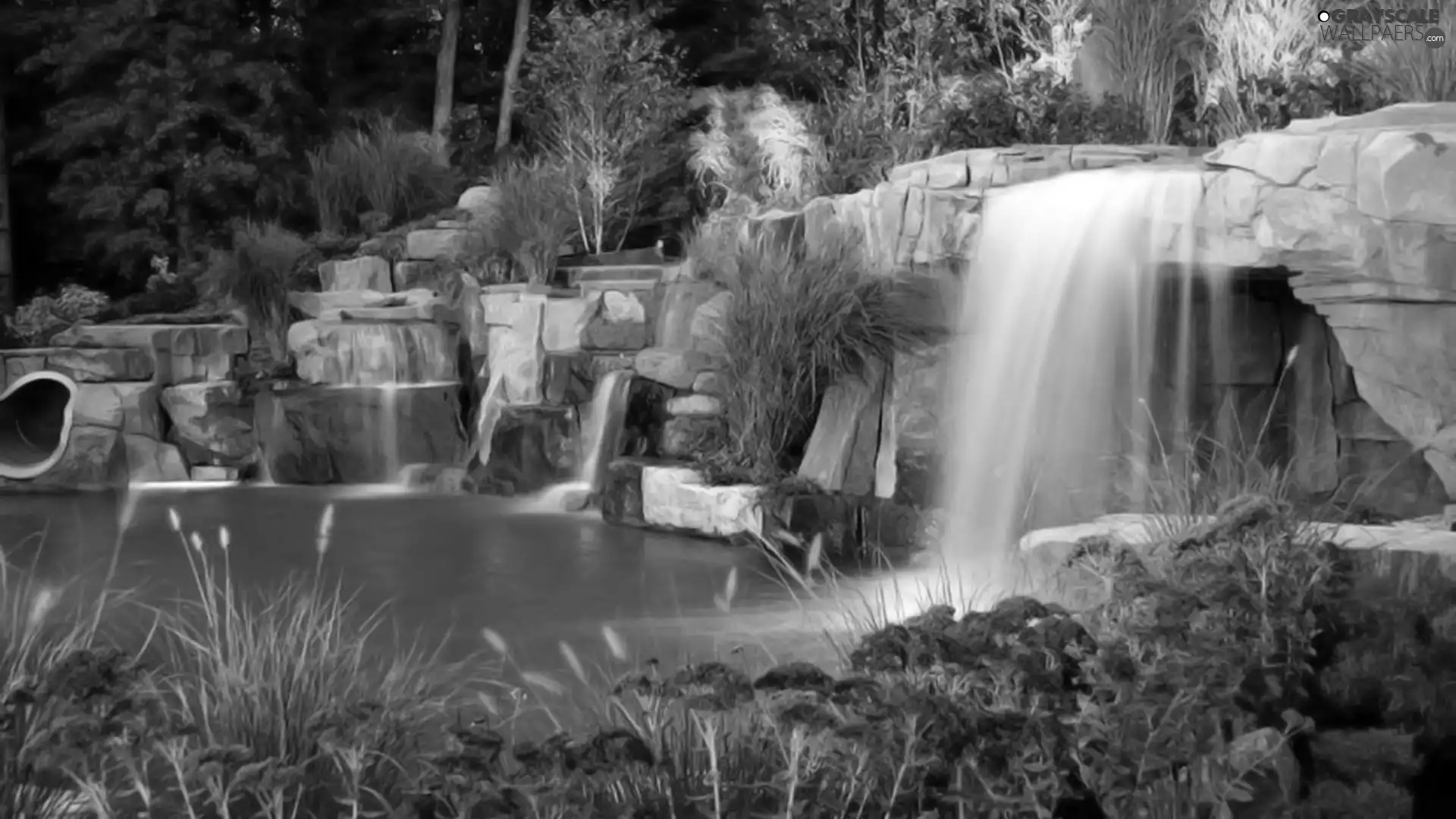 Garden, waterfall, Stones, Plants