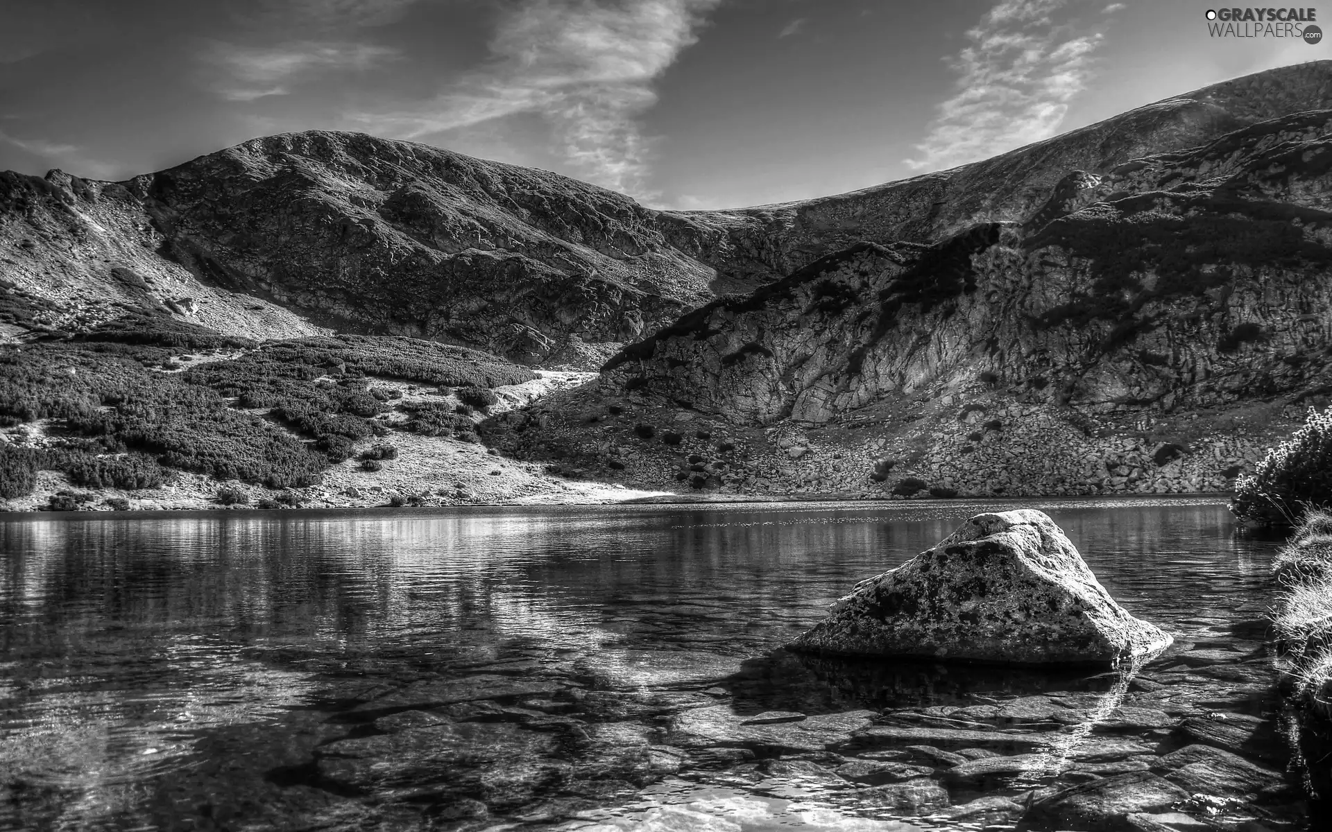 Stones, Mountains, lake