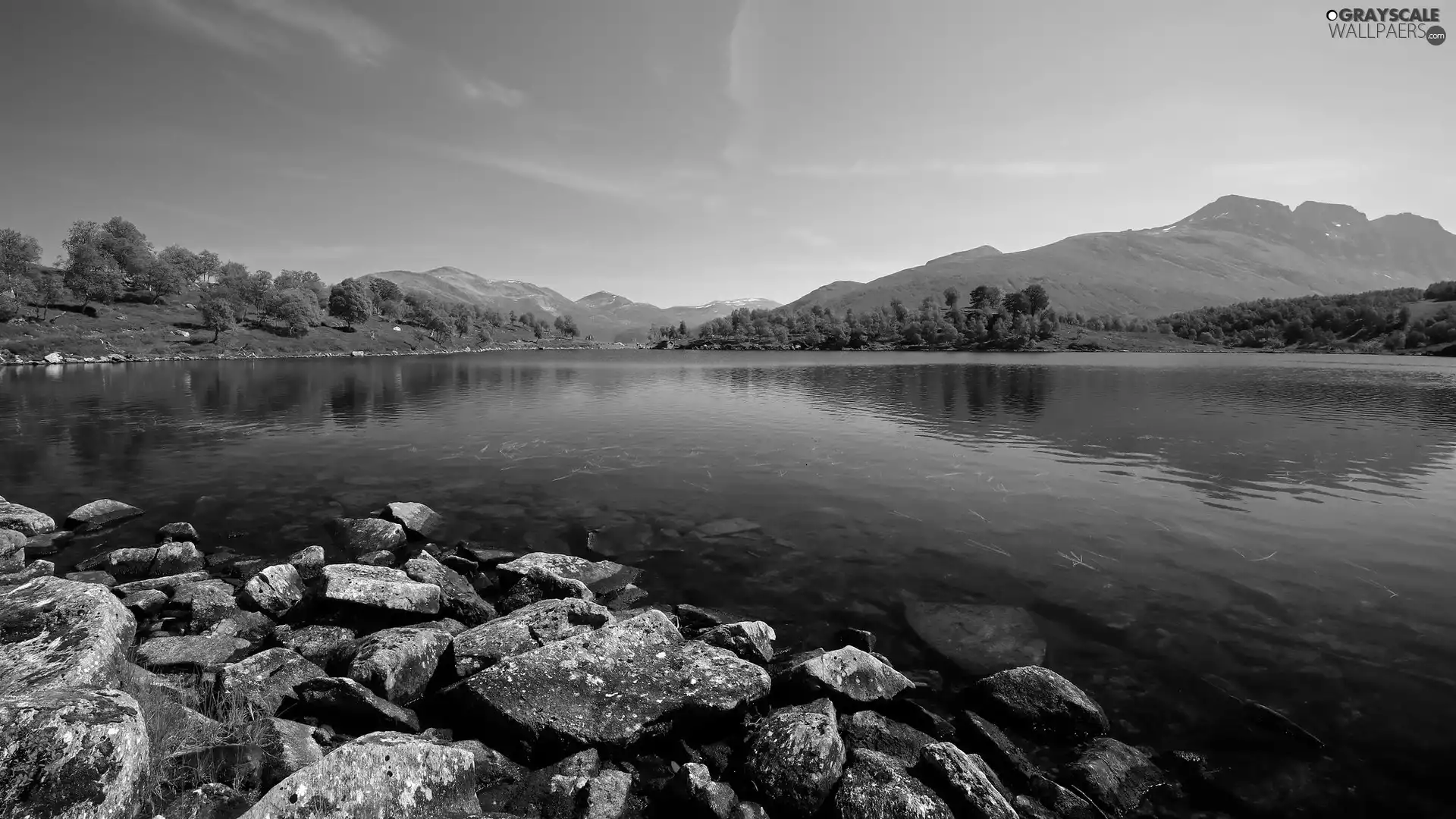 trees, Mountains, lake, Stones, viewes, The Hills