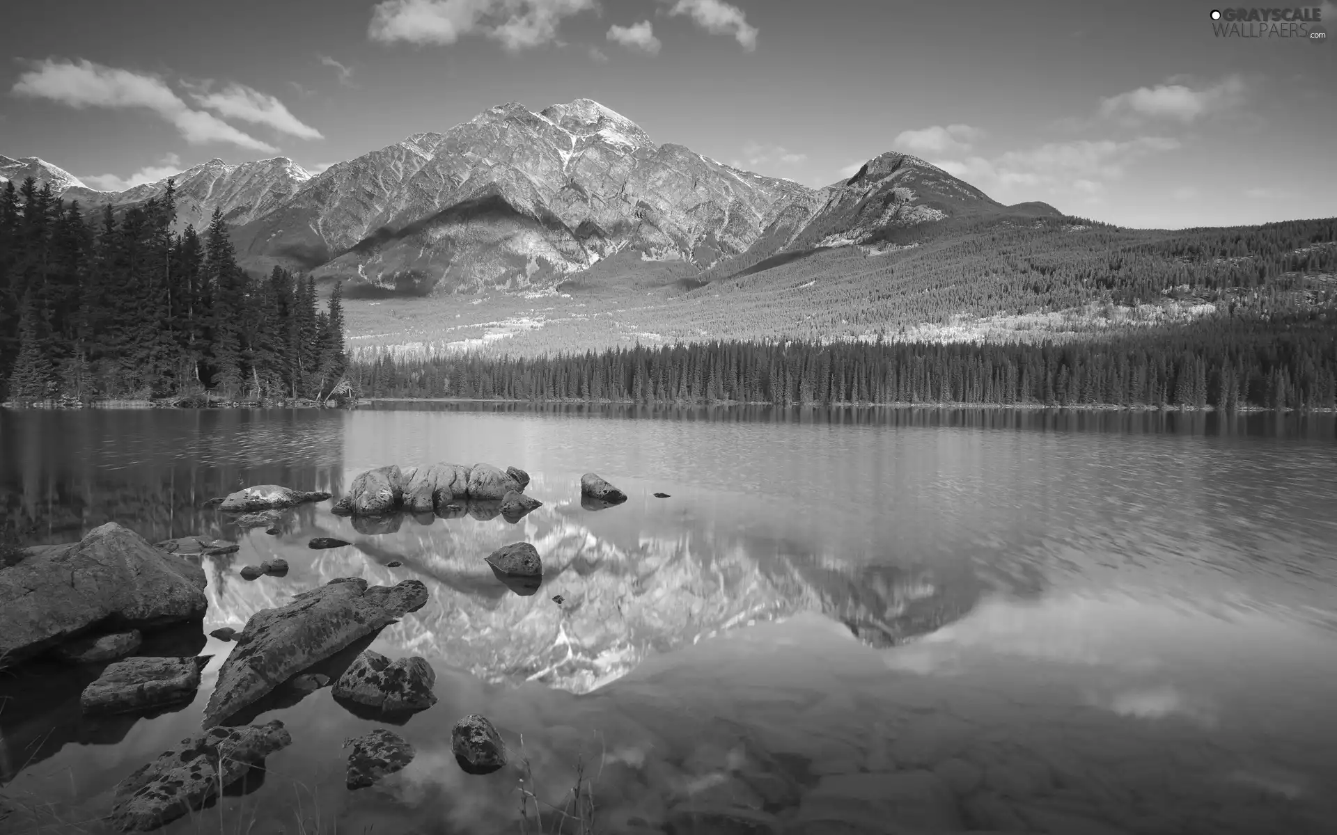 Stones, mountains, lake