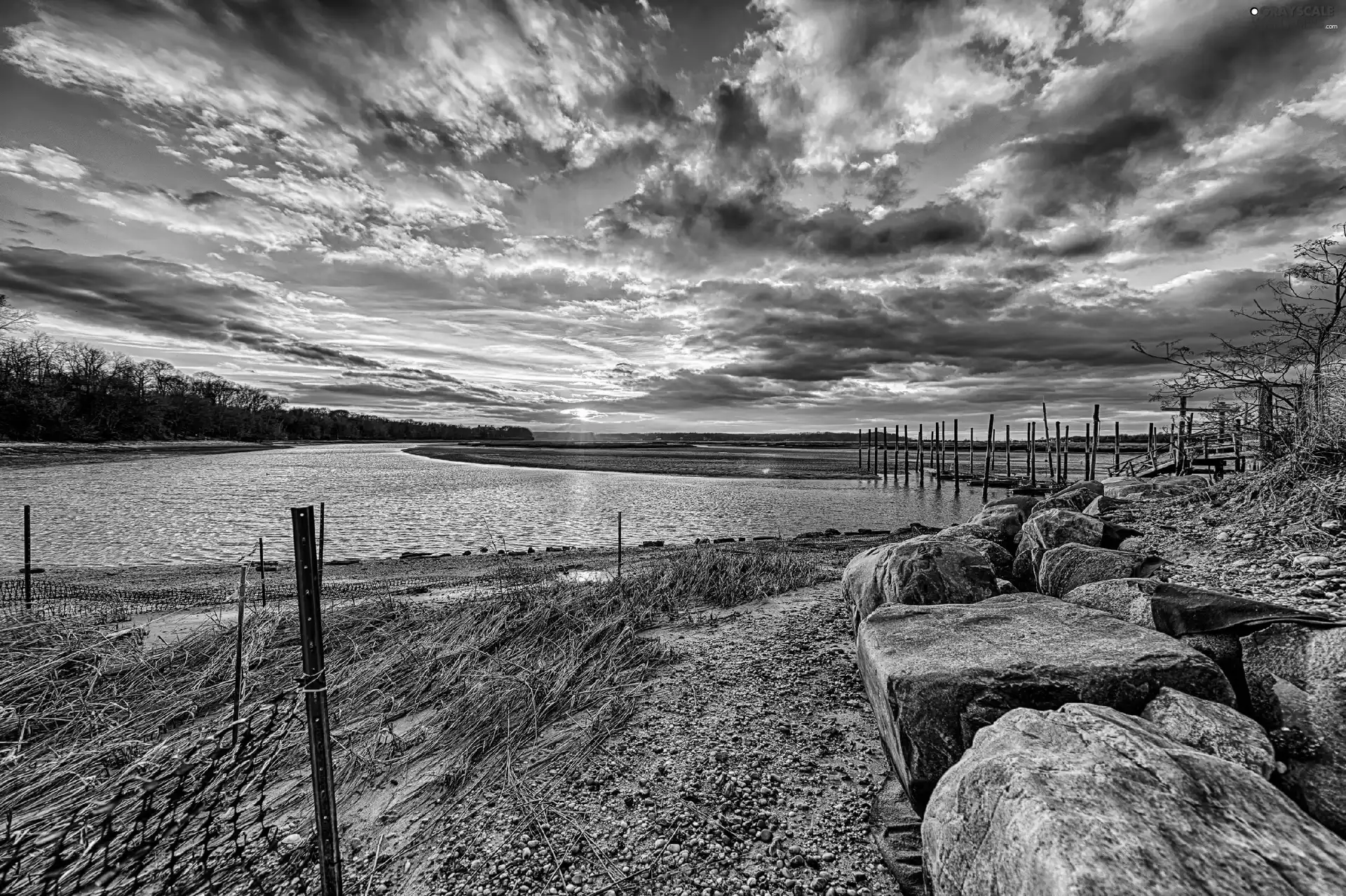 lake, sun, Stones, west