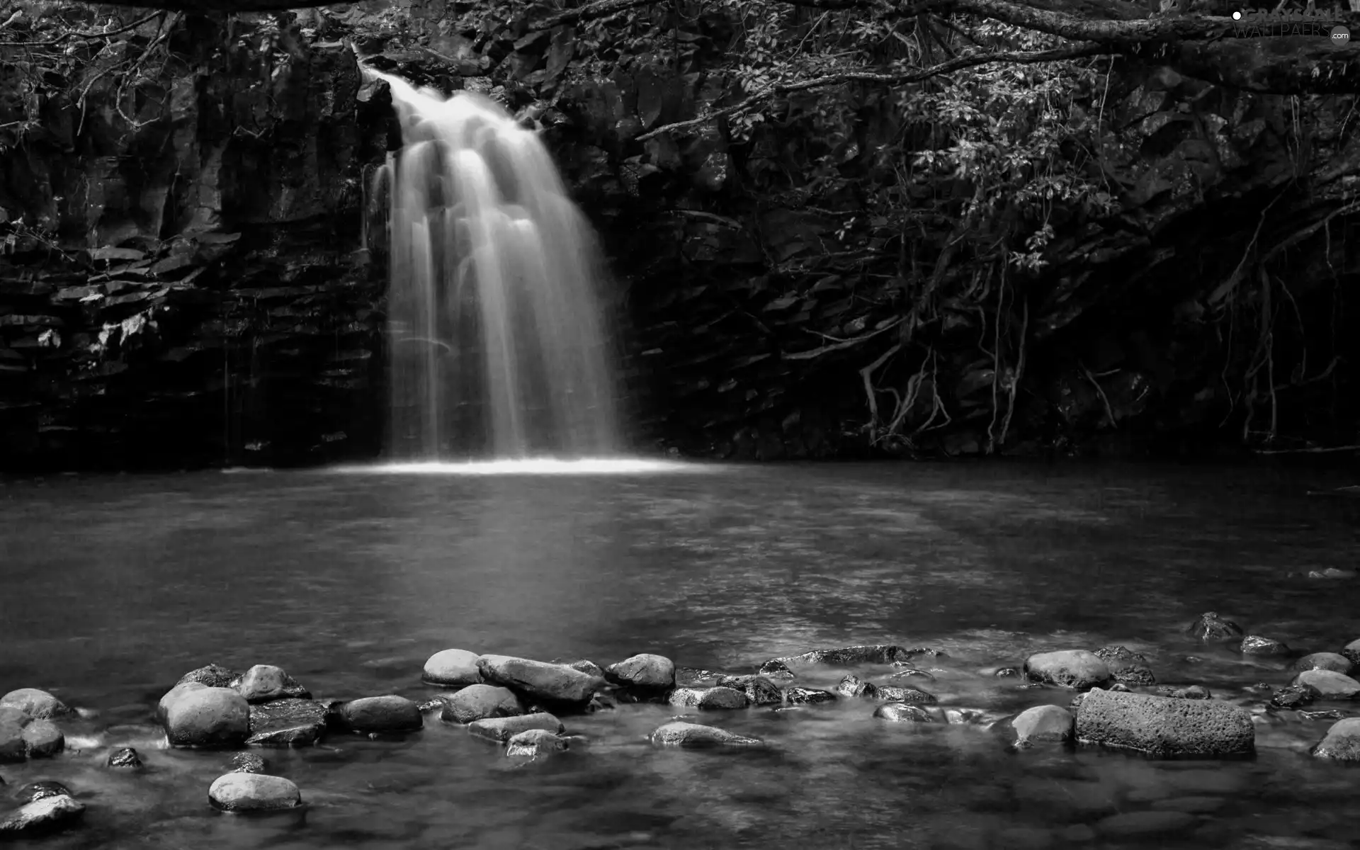 Stones, waterfall, lake