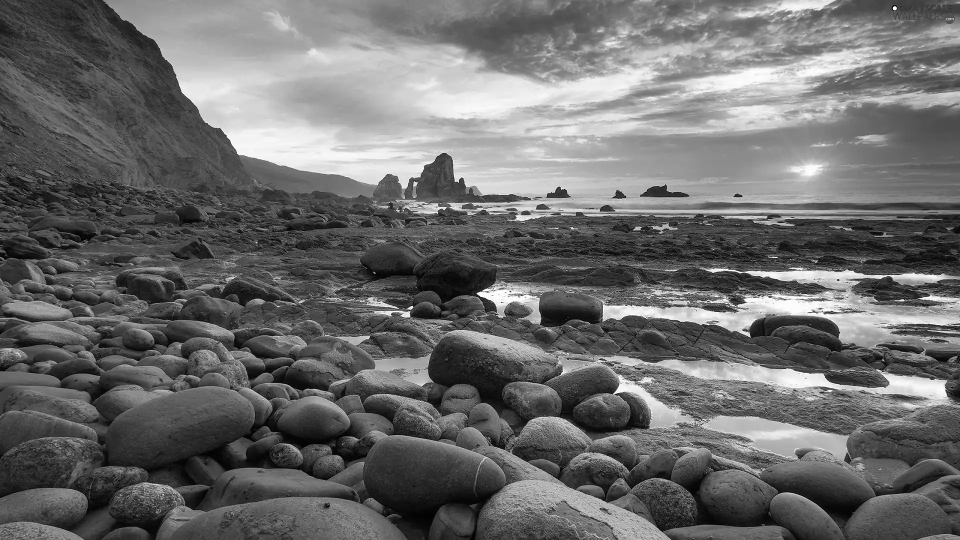 Stones, Moss, west, sun, sea