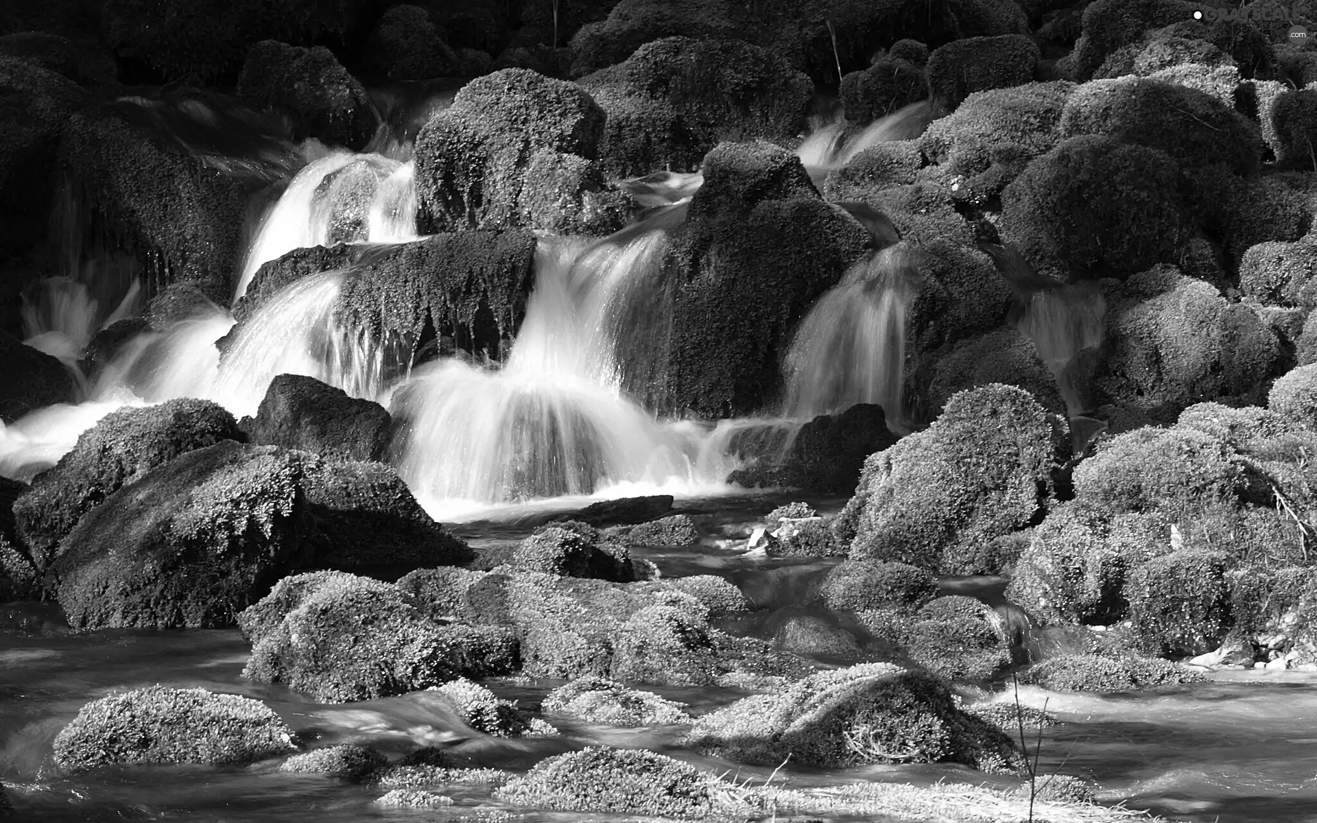 Stones, waterfall, mossy