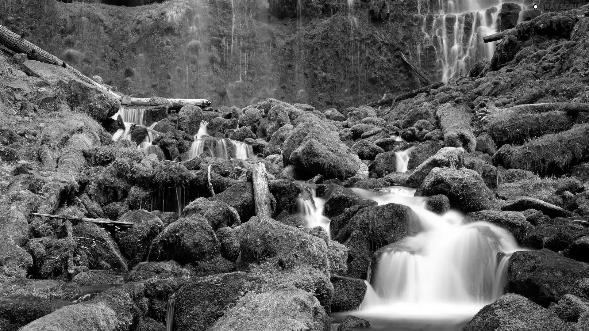 Stones, waterfall, mossy