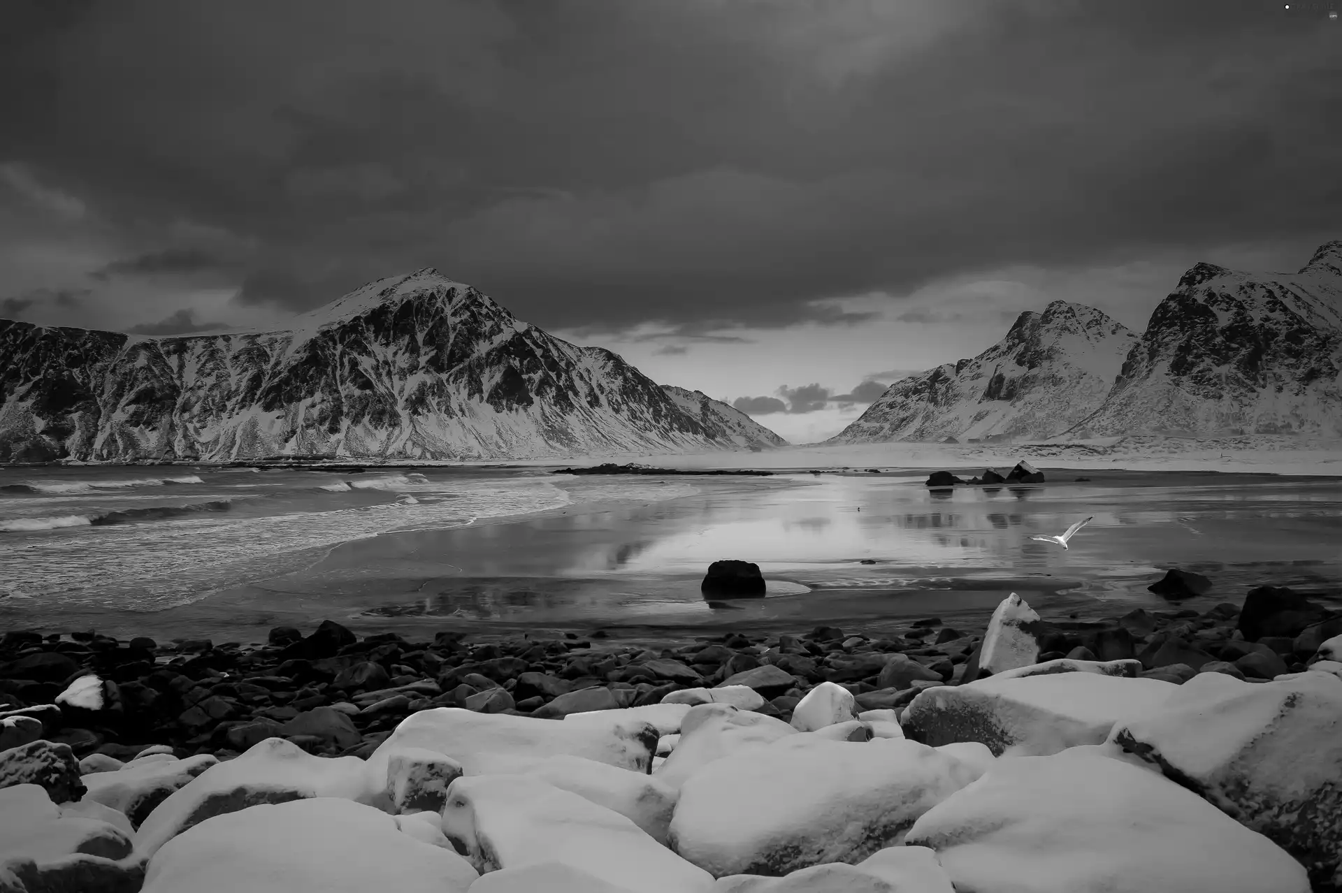 Stones, lake, Mountains