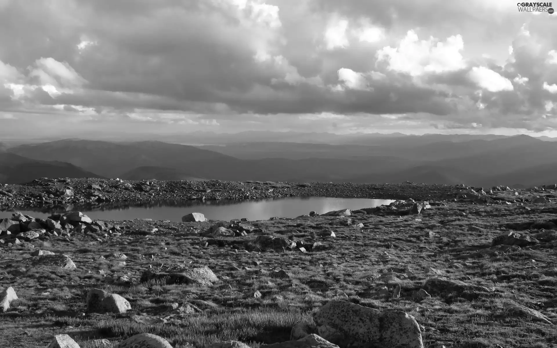 Mountains, lake, Stones, clouds