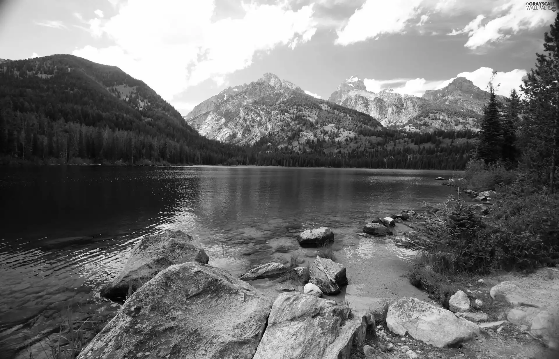 Mountains, River, Stones, woods