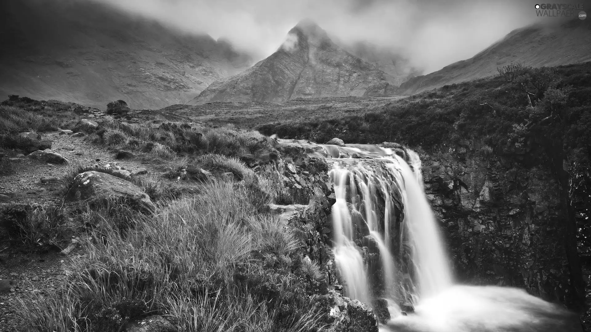 Mountains, waterfall, Stones, Fog