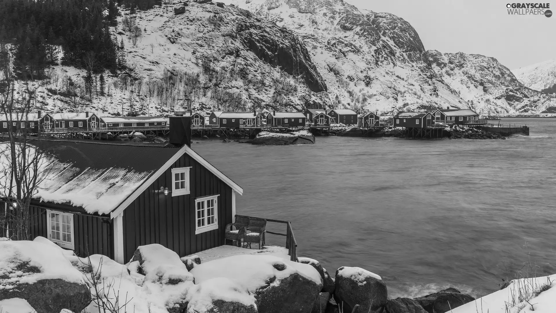 Houses, Stones, Mountains, sea, winter