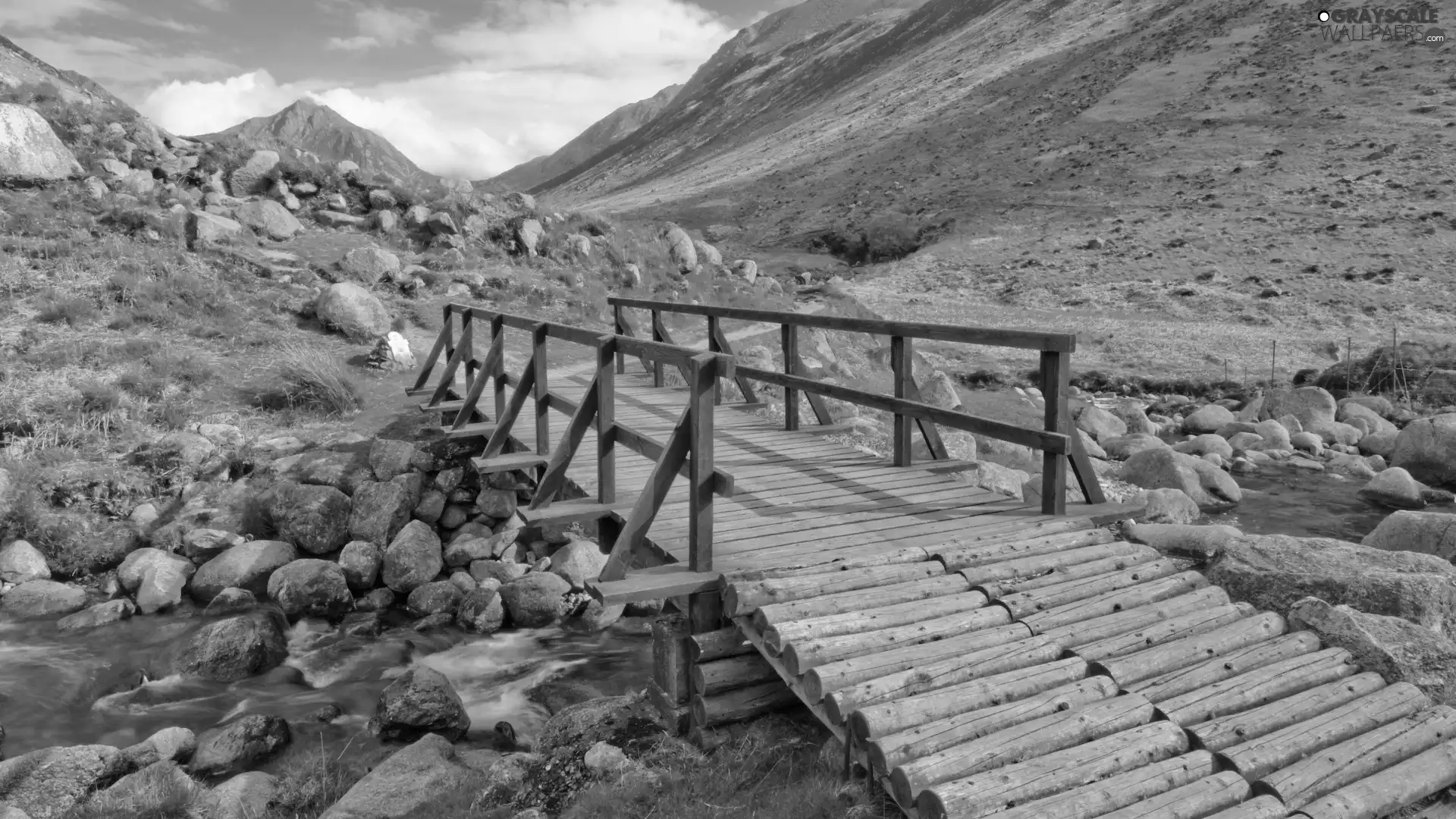 Stones, Mountains, bridges, River, wooden