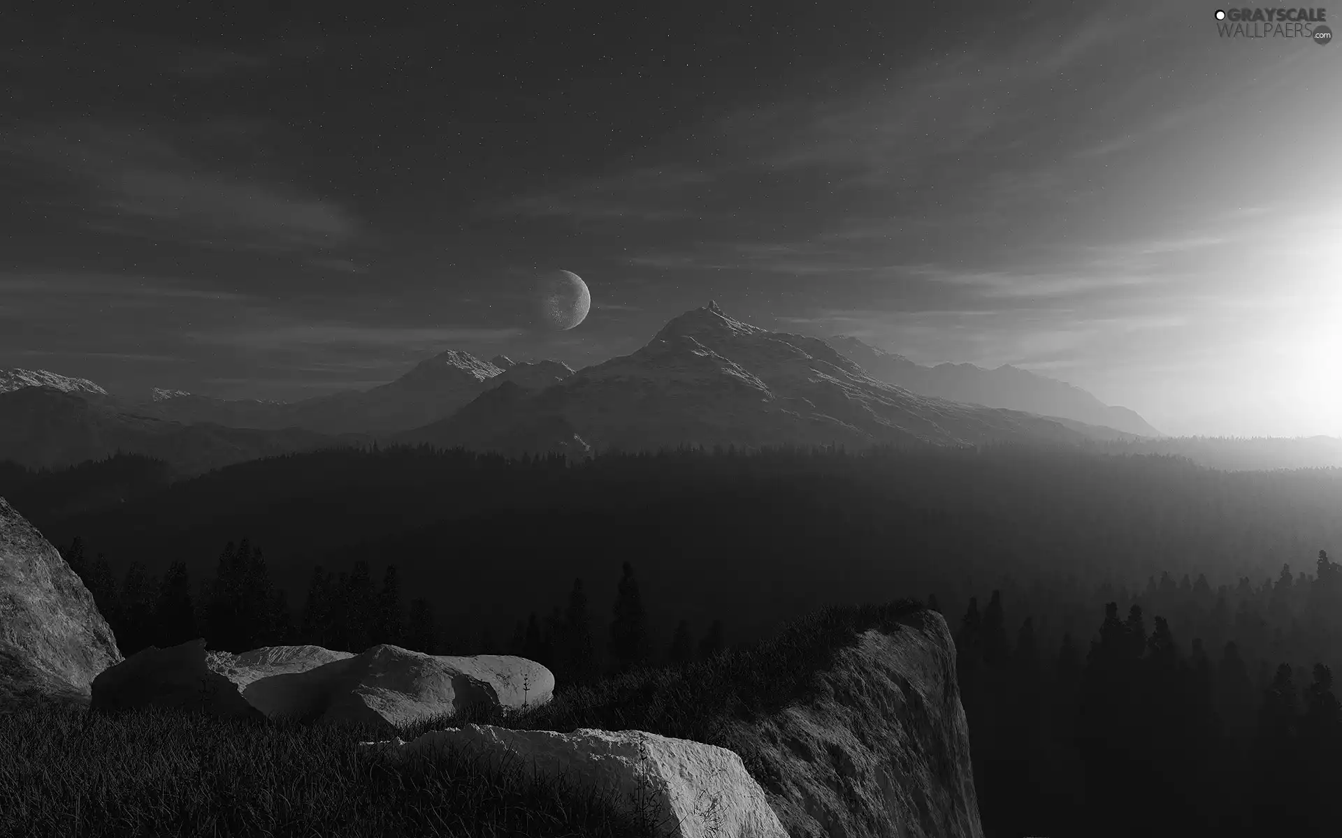 peaks, moon, Stones, Mountains