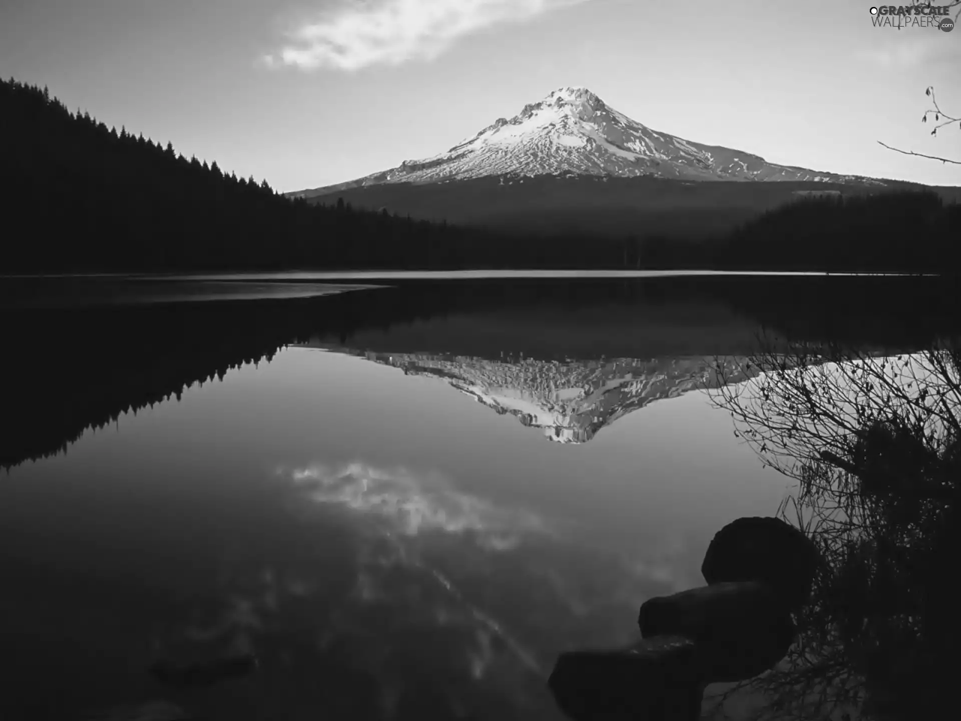 Stones, reflection, forest, lake, mountains