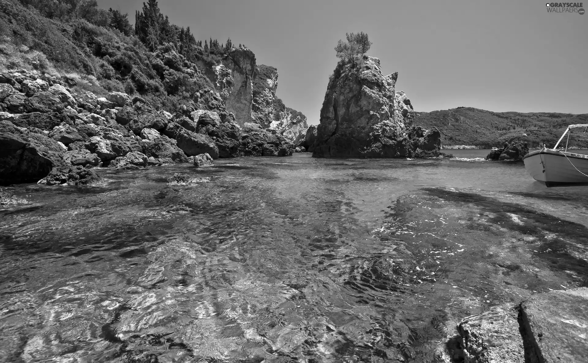 Stones, rocks, Gulf, Motor boat, lake