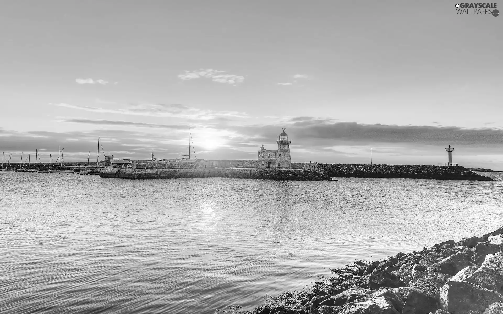 sea, Lighthouses, Stones, Sunrise