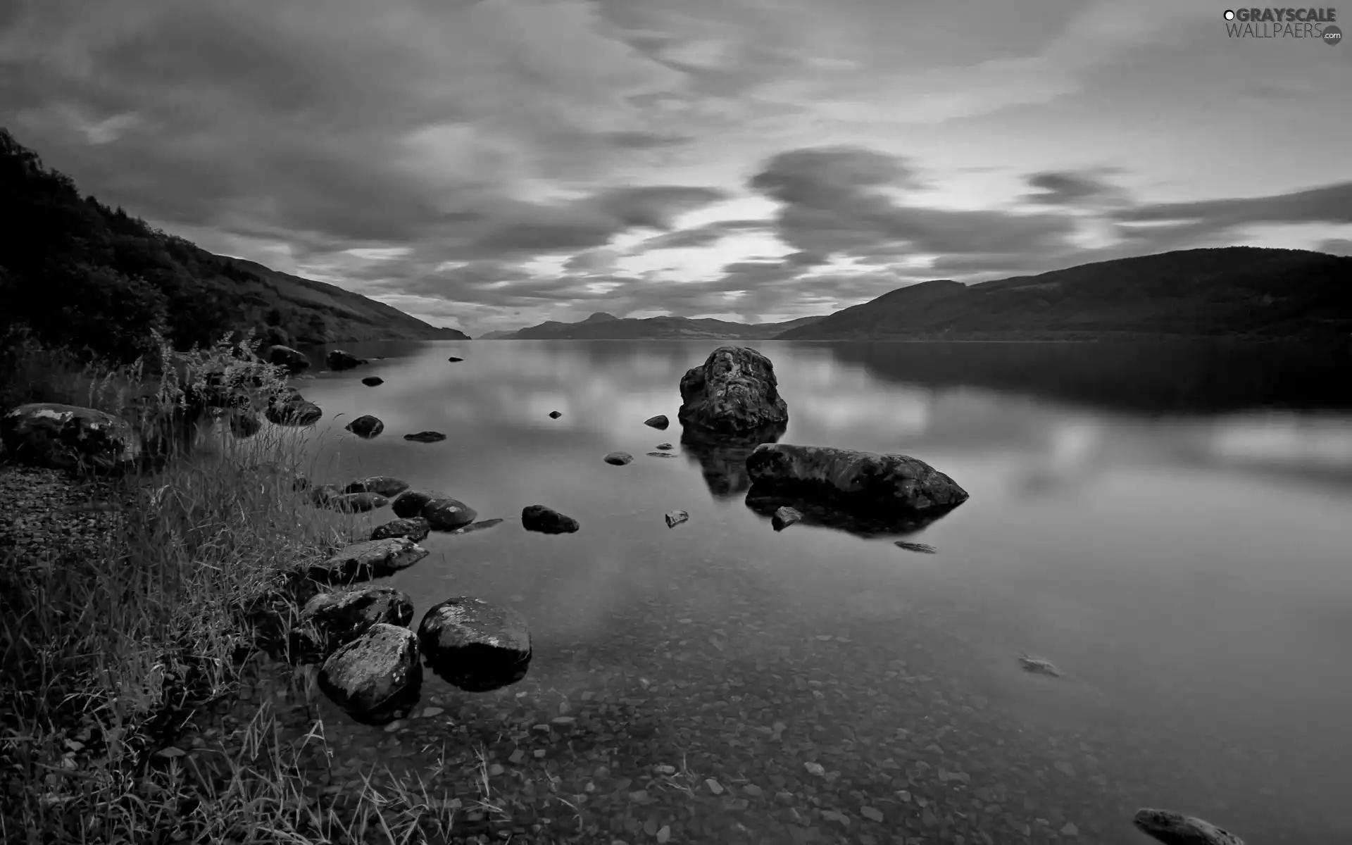 Sky, The Hills, Stones, lake