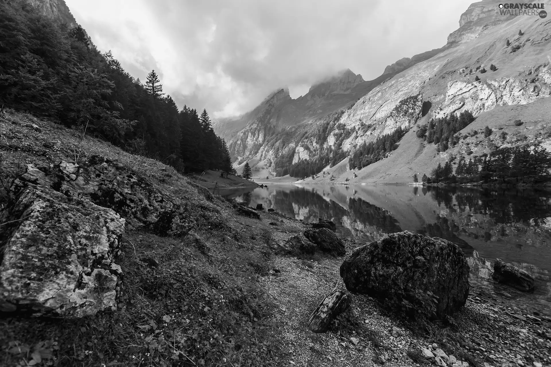 trees, lake, Sky, Stones, Mountains, viewes, clouds