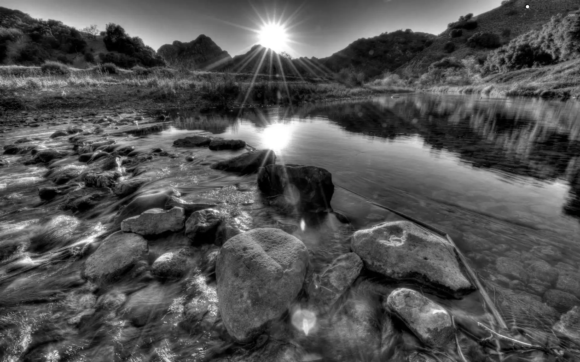 sun, Mountains, Stones, lake