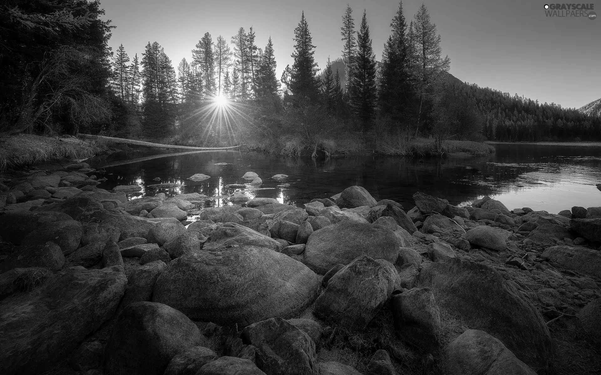 Stones, lake, trees, viewes, rays of the Sun, mountains