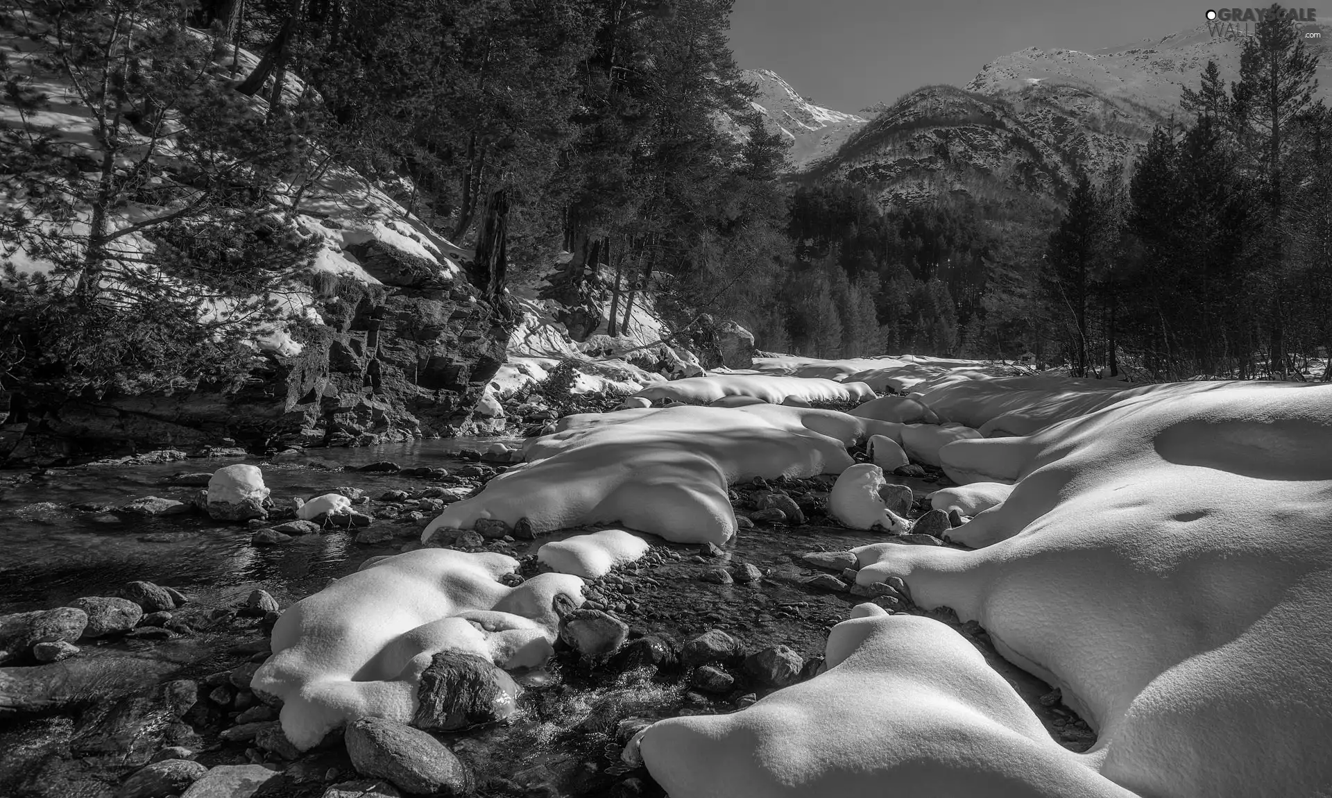 River, rocks, trees, Stones, Mountains, snow, viewes