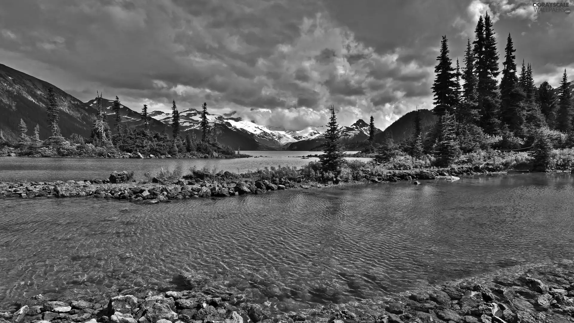 clouds, Mountains, trees, dark, River, Stones, viewes