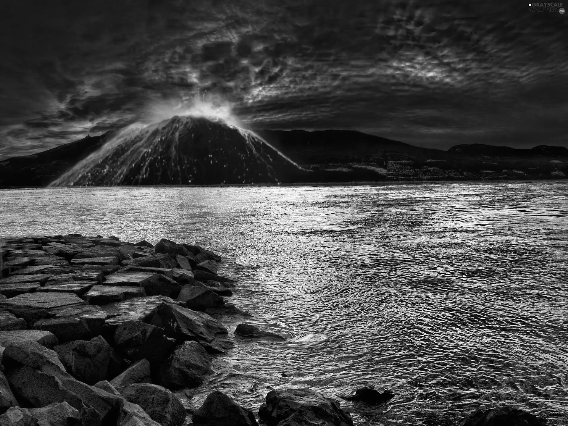 volcano, sea, Stones, eruption