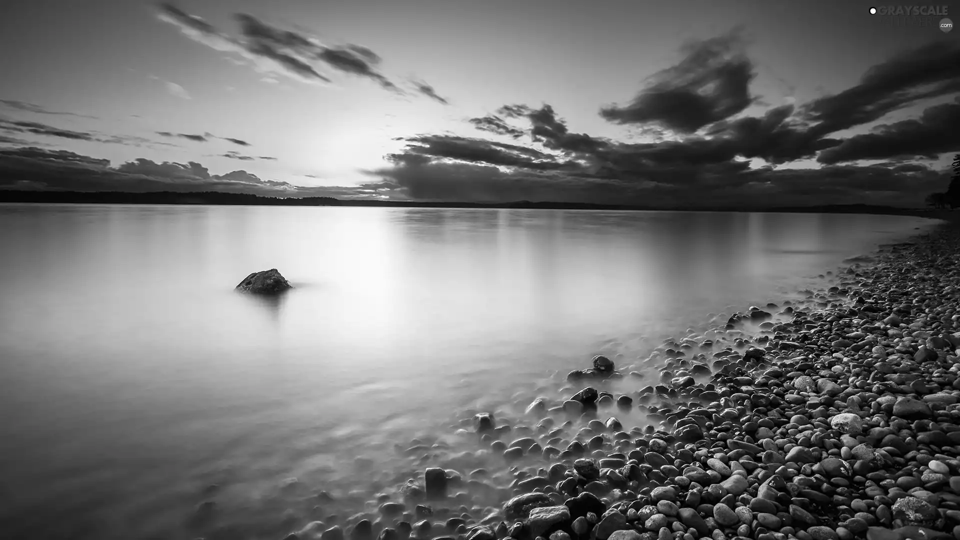 west, lake, Stones, sun