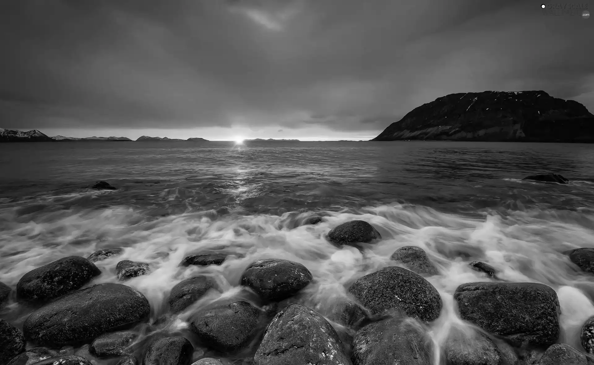 west, lake, Stones, sun