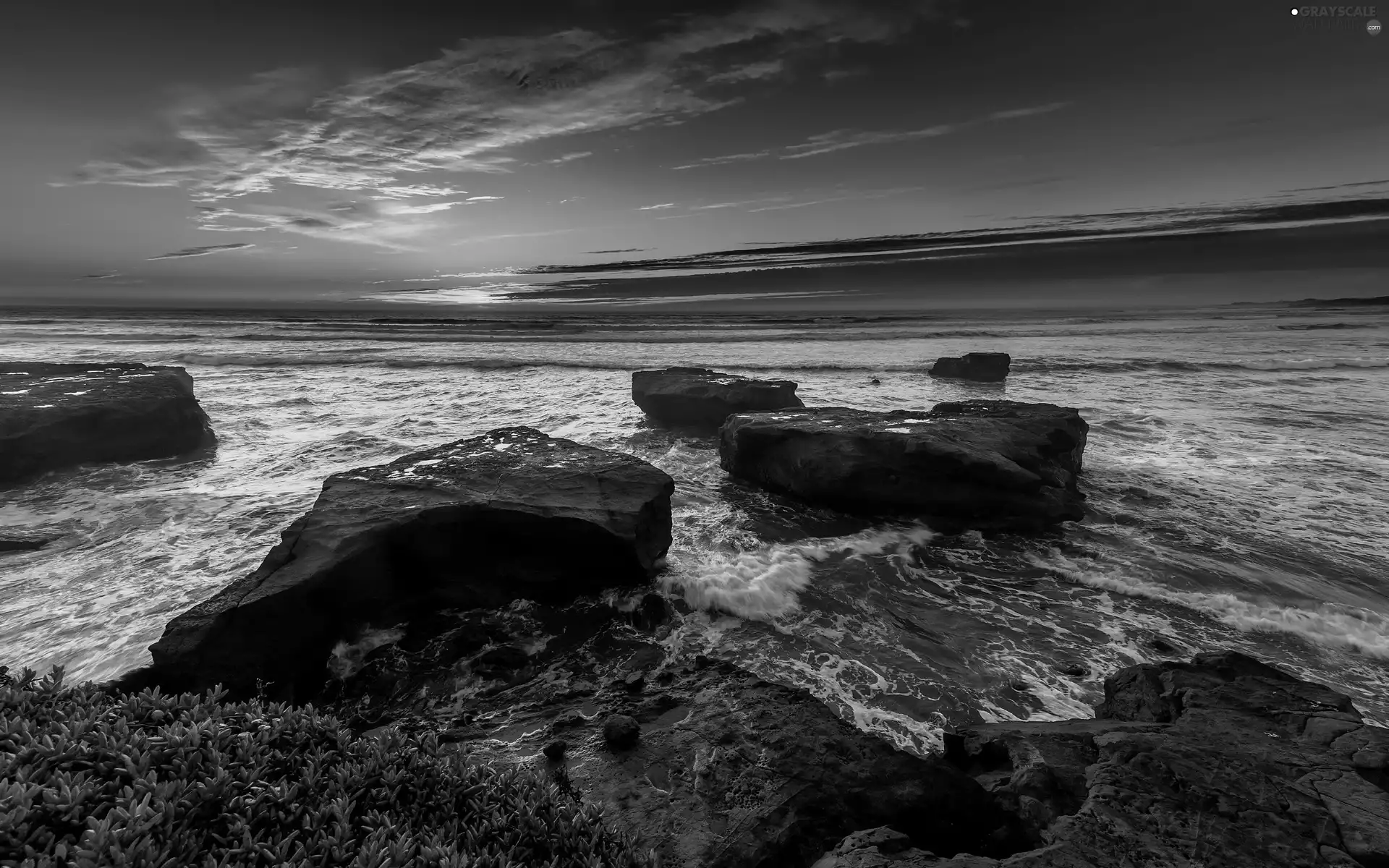 west, sea, Stones, sun