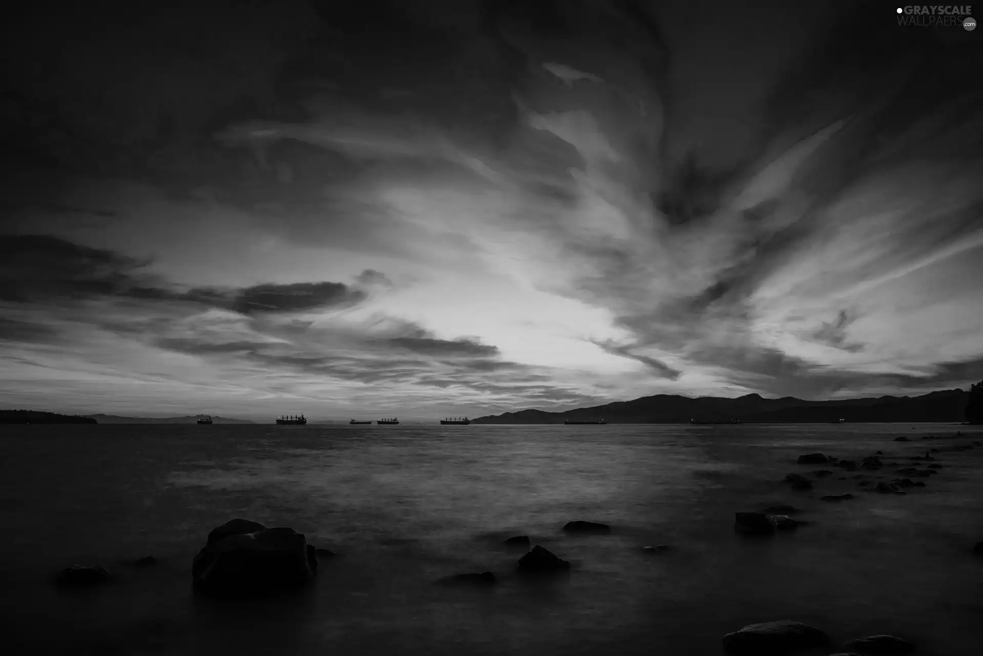 west, sea, Stones, sun