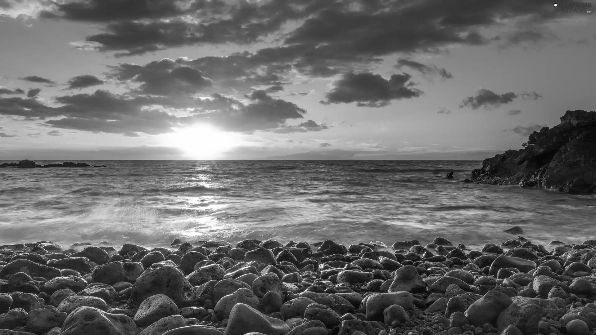 west, sea, Stones, sun