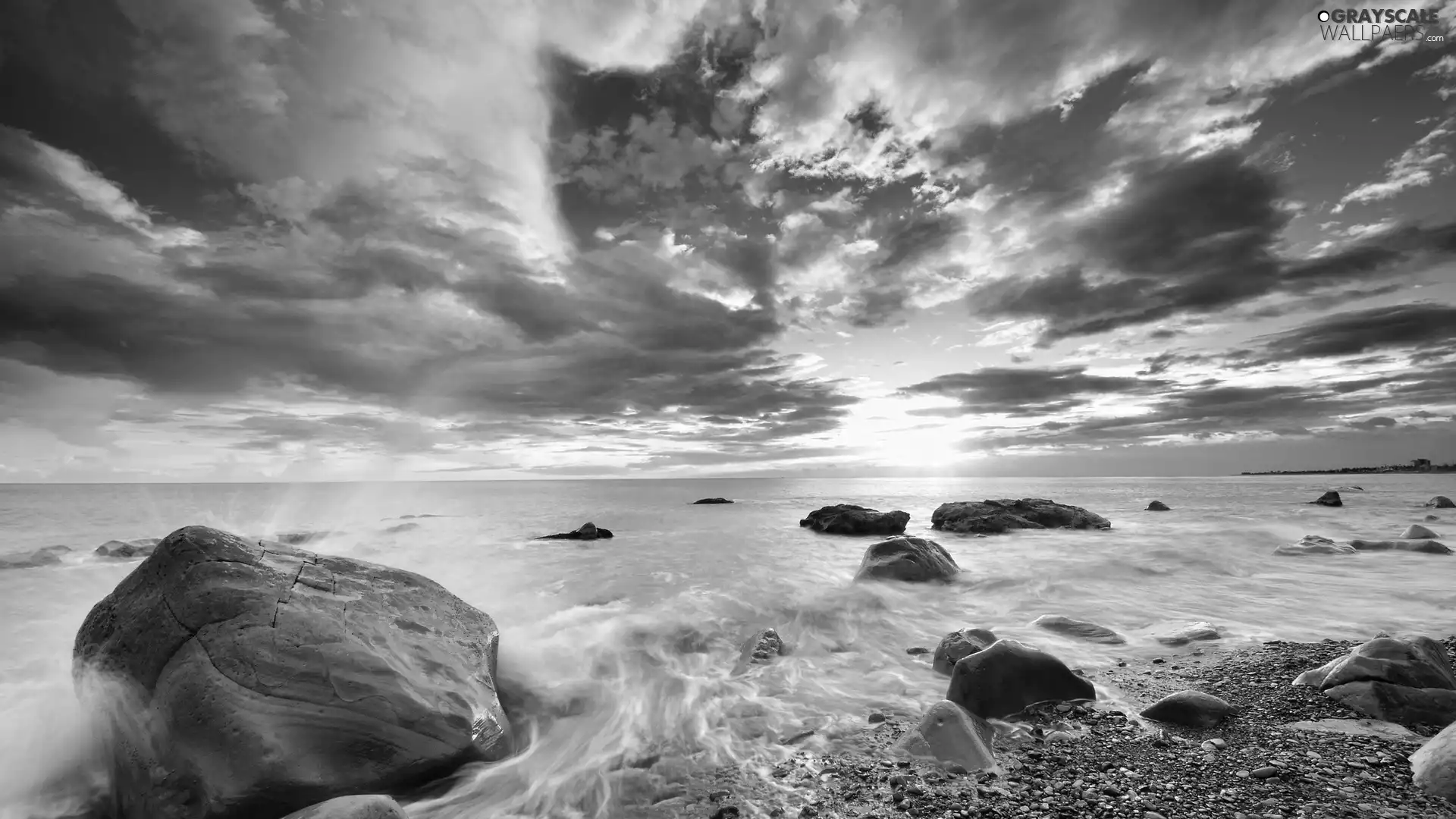 west, sea, Stones, sun