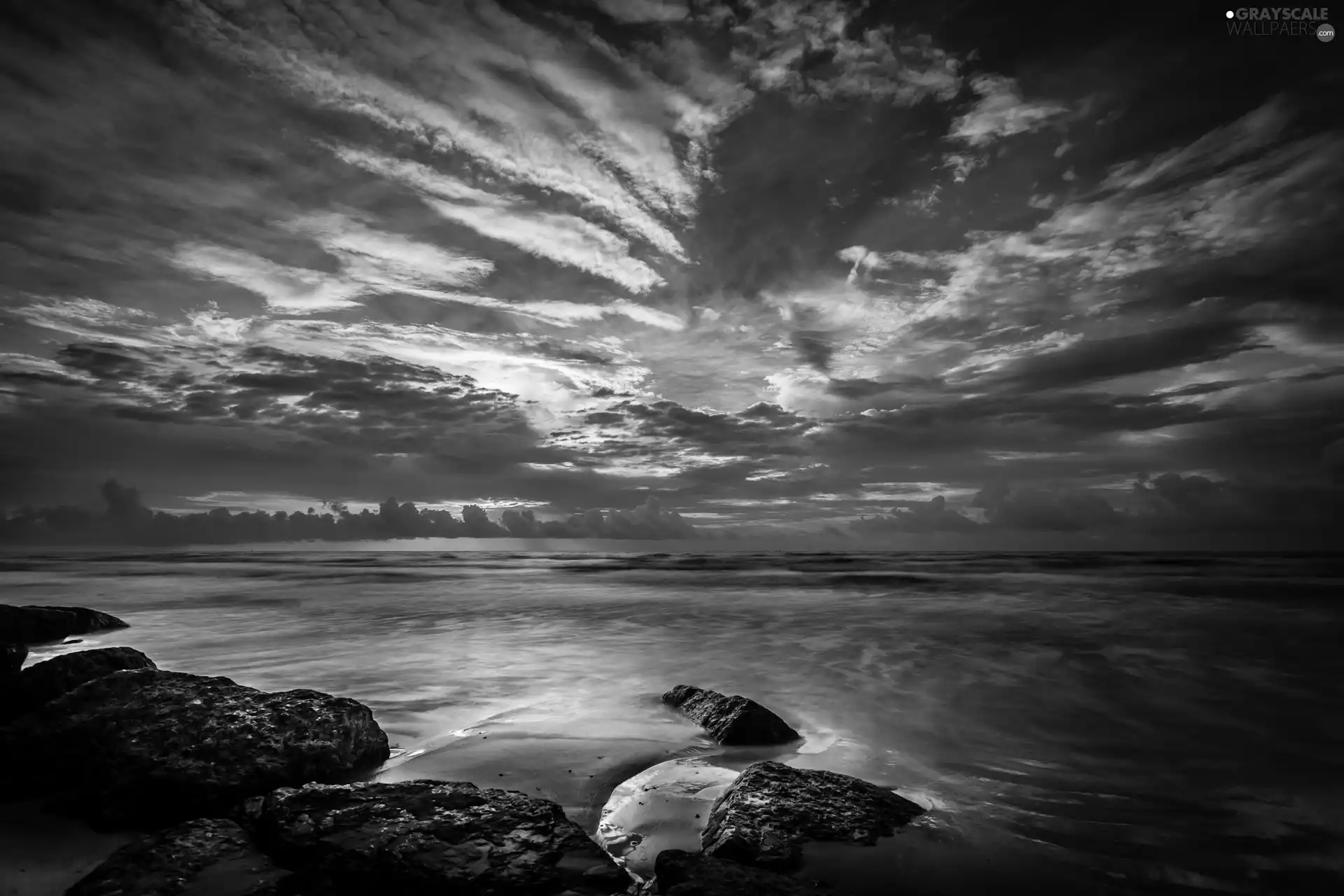 west, sea, Stones, sun