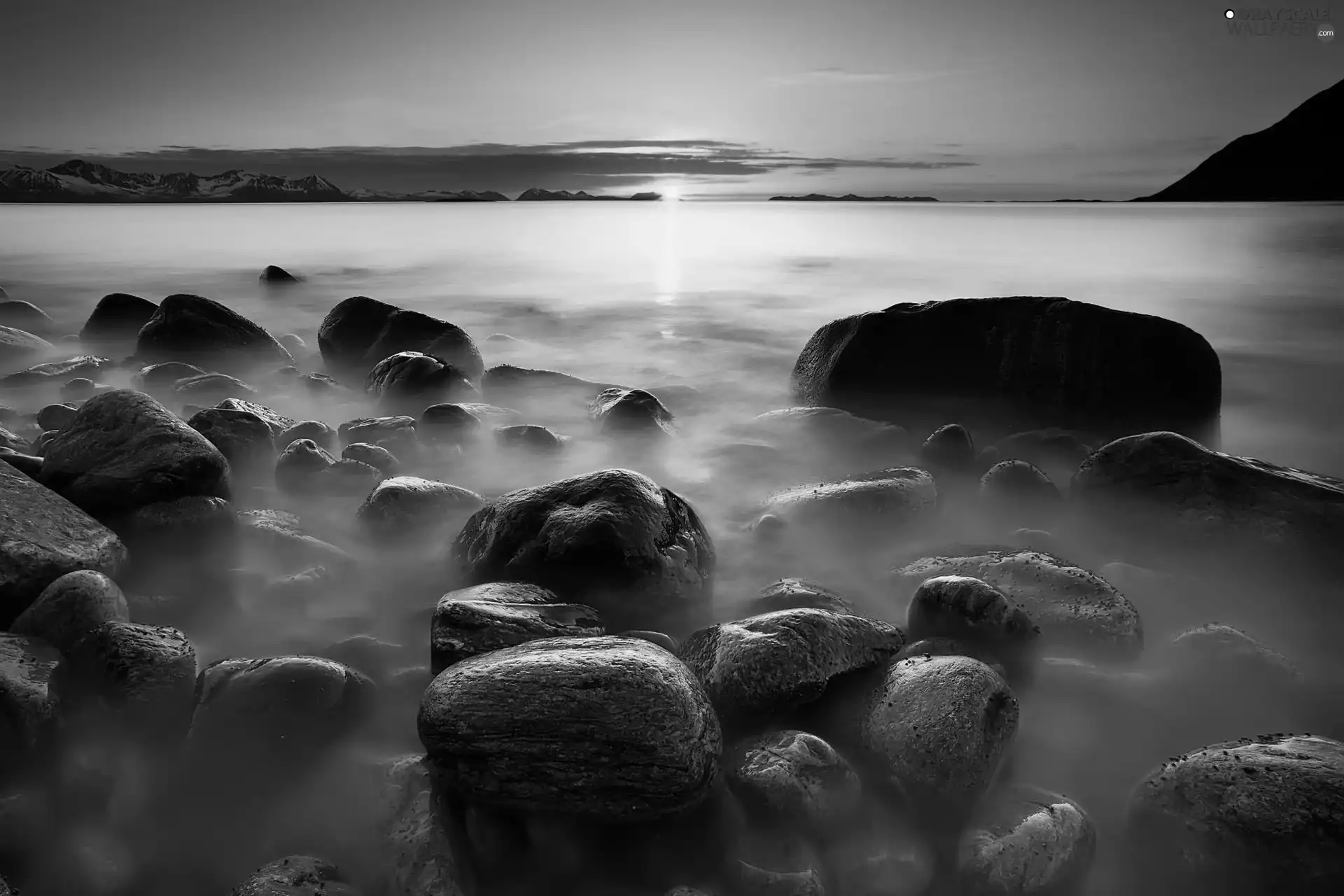 west, sea, Stones, sun